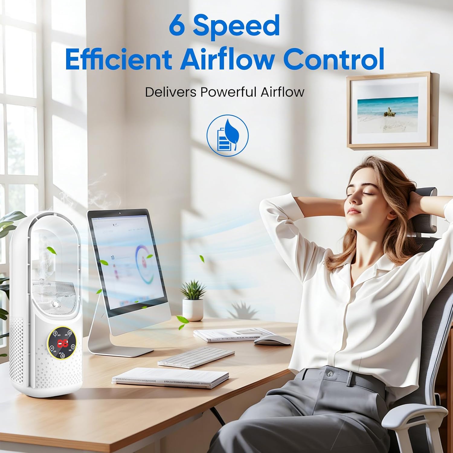Rotorloser Ventilator, Turmventilator leise, 3-in-1 leiser Luftkühler und Luftbefeuchter, 6 Windgeschwindigkeiten und 6-Stunden-Timer, kühlender Nebel, 7 LED-Farben, tragbar für Zuhause, Büro und Reisen (blau) – Bild 3