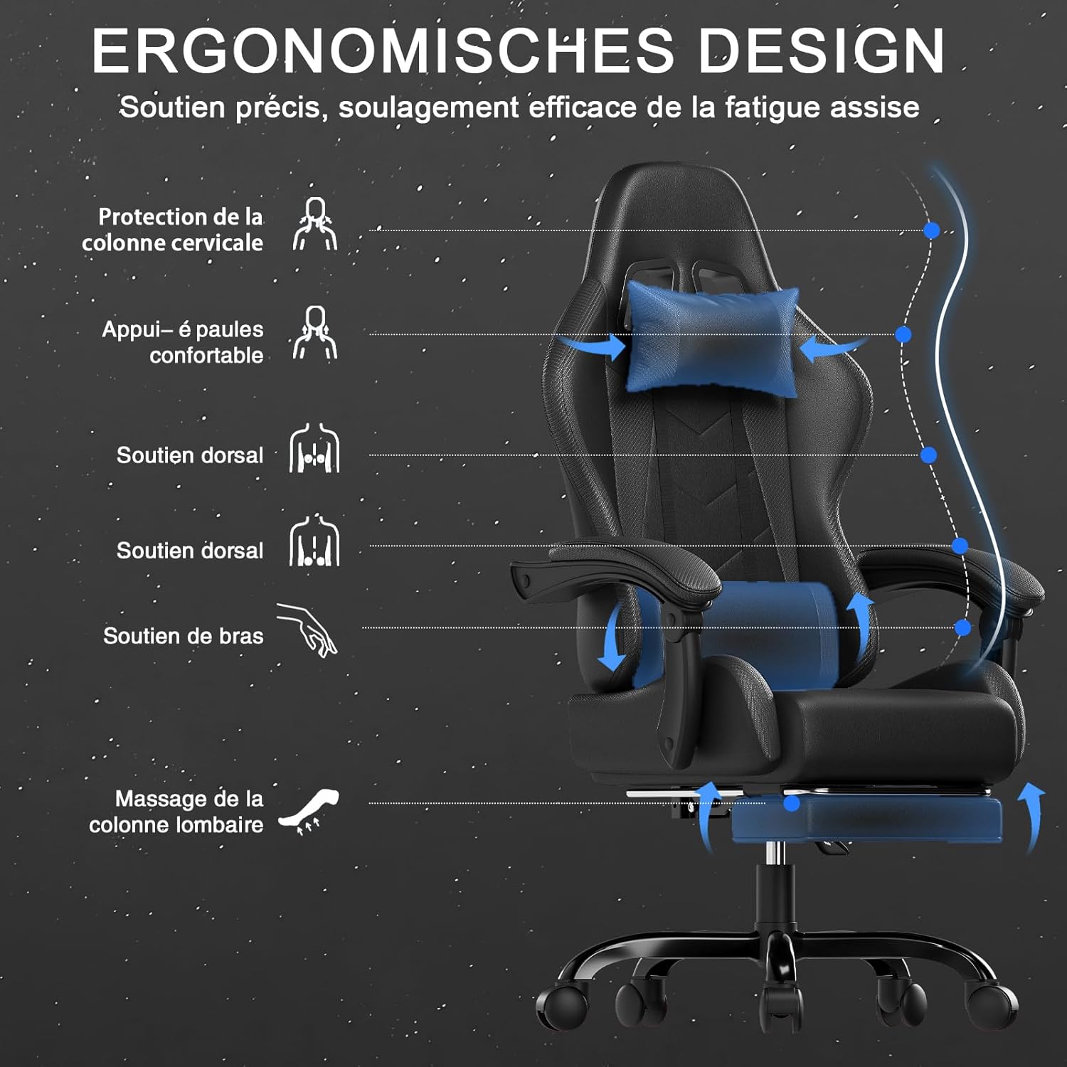 JUMMICO Gaming Stuhl, Bürostuhl ergonomisch mit Massagefunktion, Gamer Stuhl verstellbare Rückenlehne 90-135° und Fußstütze, Gaming Stuhl 150 kg belastbar, Schwarz – Bild 4