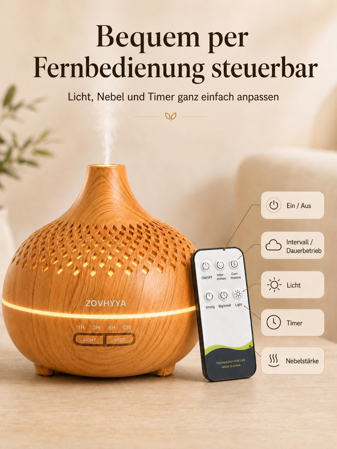 500 ml Aromadiffusor für ätherische Öle, Aromatherapie-Diffusor mit 8 Ölen, Fernbedienung, 4 Timer, 14 Farben und 2 Sprühmodi (Goldgelb) – Bild 7