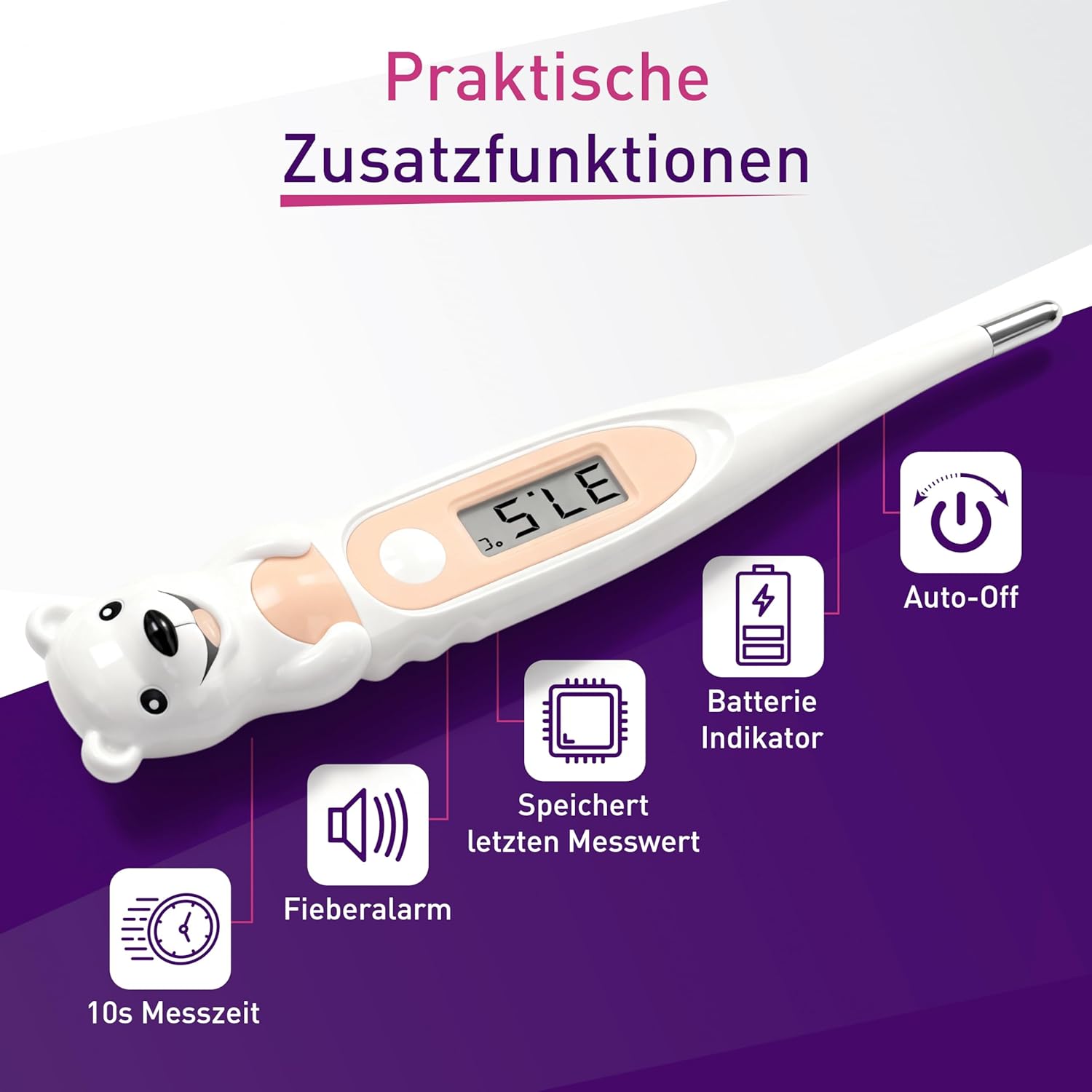 scala SC 44 flex Digitales Fieberthermometer Baby & Kinder – 10 Sekunden Messzeit, flexible Spitze, Fieberalarm, wasserdicht – oral, rektal & axillär – Eisbären-Motiv – Bild 7