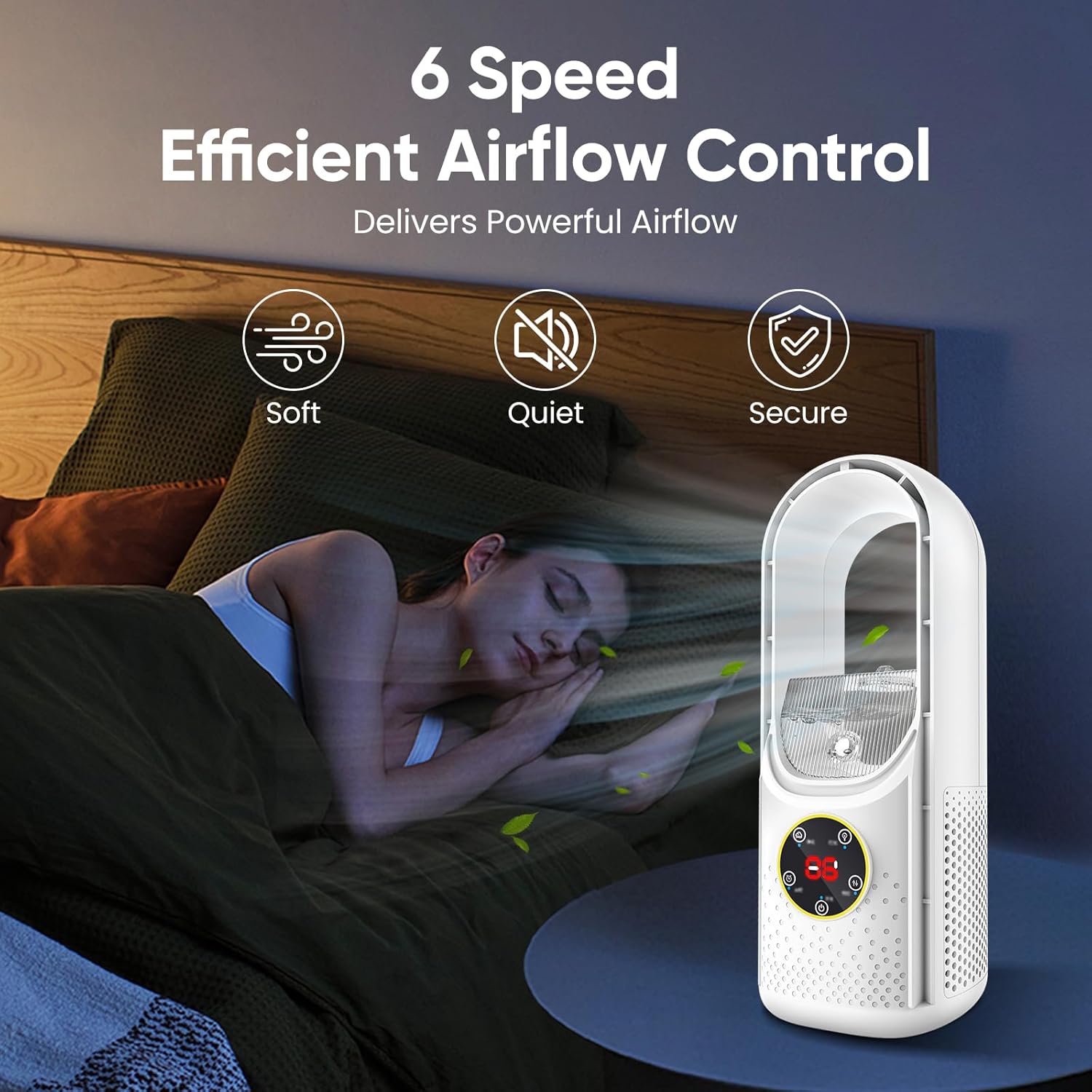 Rotorloser Ventilator, Turmventilator leise, 3-in-1 leiser Luftkühler und Luftbefeuchter, 6 Windgeschwindigkeiten und 6-Stunden-Timer, kühlender Nebel, 7 LED-Farben, tragbar für Zuhause, Büro und Reisen (blau) – Bild 4
