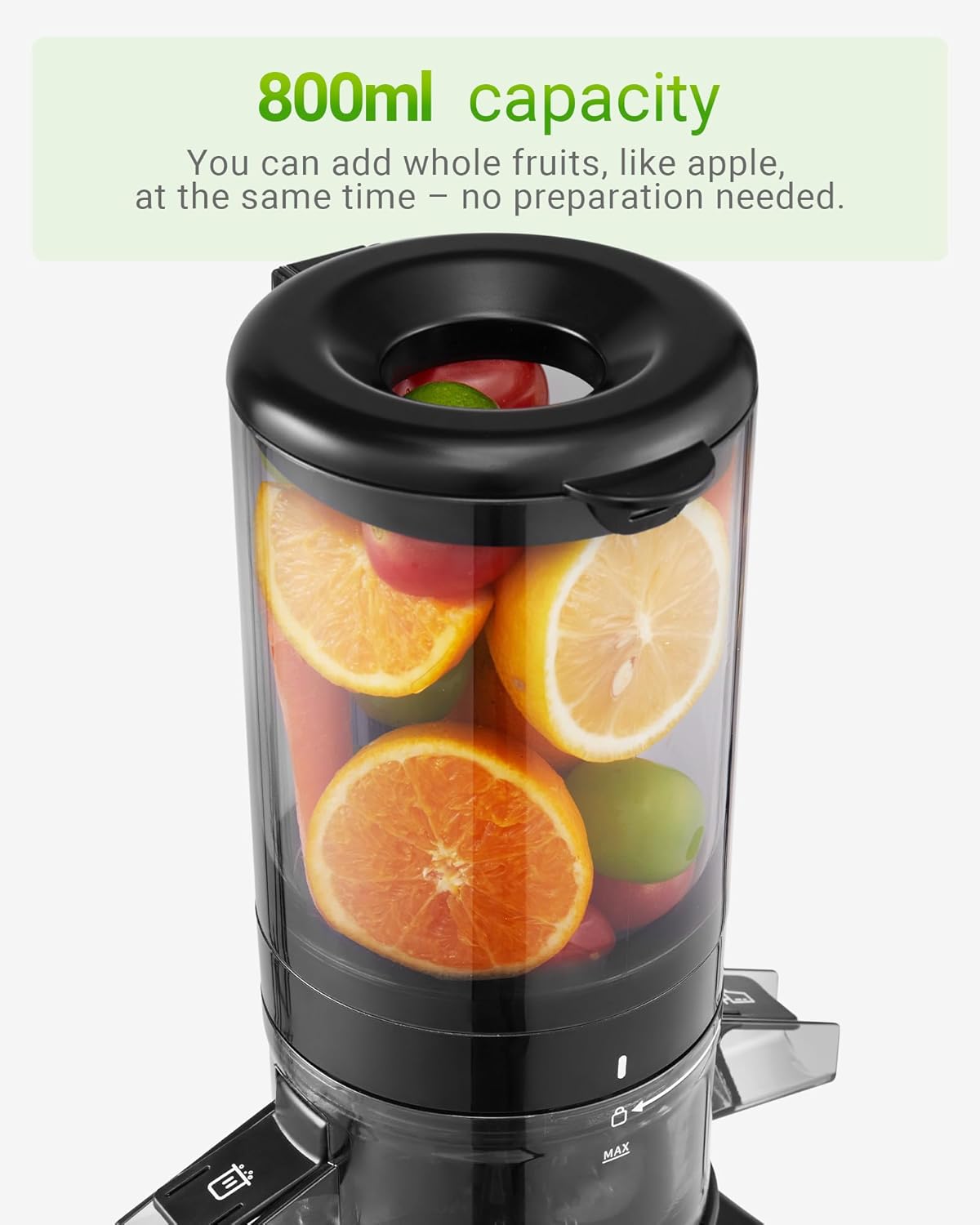 TUUMIIST Slow Juicer mit extra großem Einfüllschacht, Entsafter Gemüse und Obst, Testsieger, anwendbares ganzes Obst und Gemüse, Entsafter BPA-frei, Schwarz glänzend, 120 mm – Bild 4