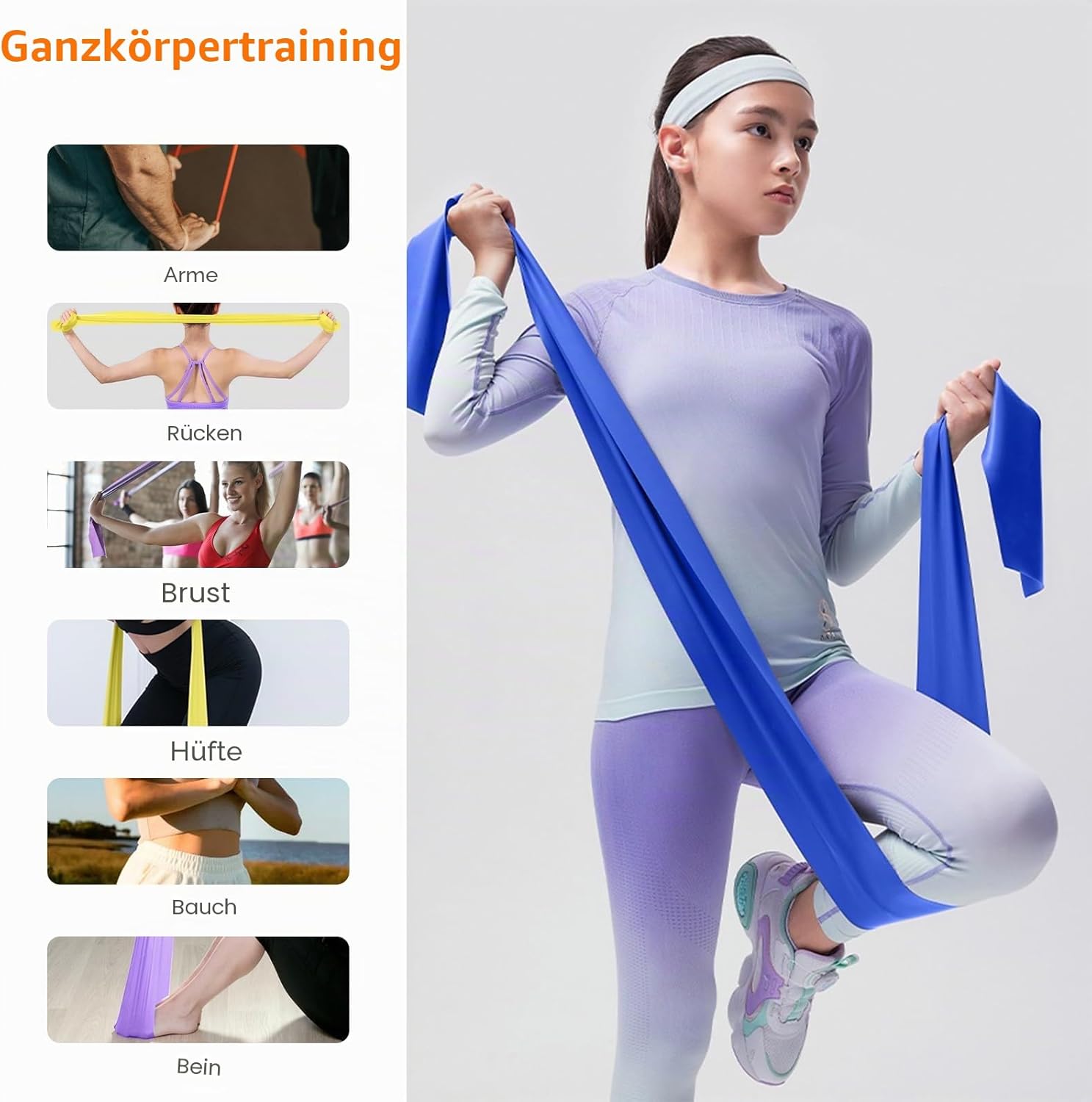 GRIFEMA Fitnessbänder (4er-Set), Übungsband mit 4 Widerstandsstufen, Fitnessband mit Tragetasche & Übungsanleitung, Widerstandsbänder für Yoga, Pilates, Blau, Rot, Gelb, Lila – Bild 5