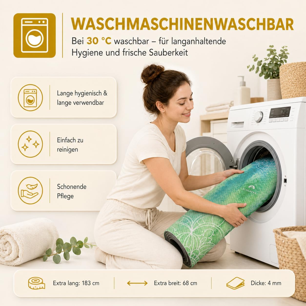 Yosana Yogamatte aus Naturkautschuk – rutschfeste, nachhaltige Yogamatte mit Mikrofaseroberfläche zur schnellen Aufnahme von Schweiß – maschinenwaschbare Sportmatte – 183 x 68 cm – Bild 4