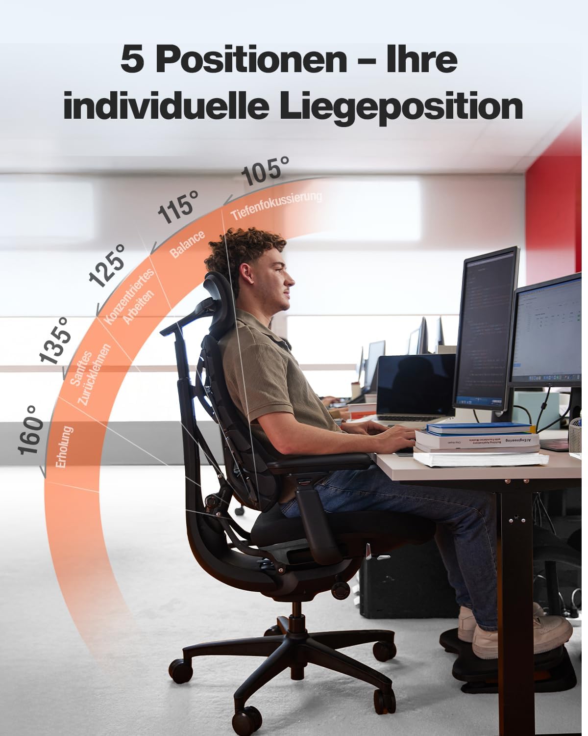 LiberNovo SE Ergonomischer Bürostuhl mit Fußstütze, Schreibtischstuhl mit manueller Lordosenstütze, 5 Neigungspositionen, Computerstuhl für langes Sitzen, für Home Office und Gaming, Obsidian 48 cm – Bild 5
