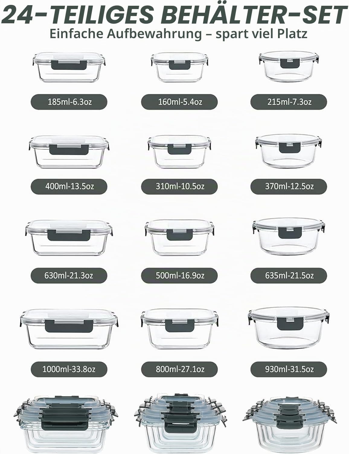 VERONES 12er-Pack Glas-Crisper-Seet, luftdichte Lunchboxen aus Glas, stapelbar mit Deckel, gefrier- und spülmaschinenfest, grau – Bild 2