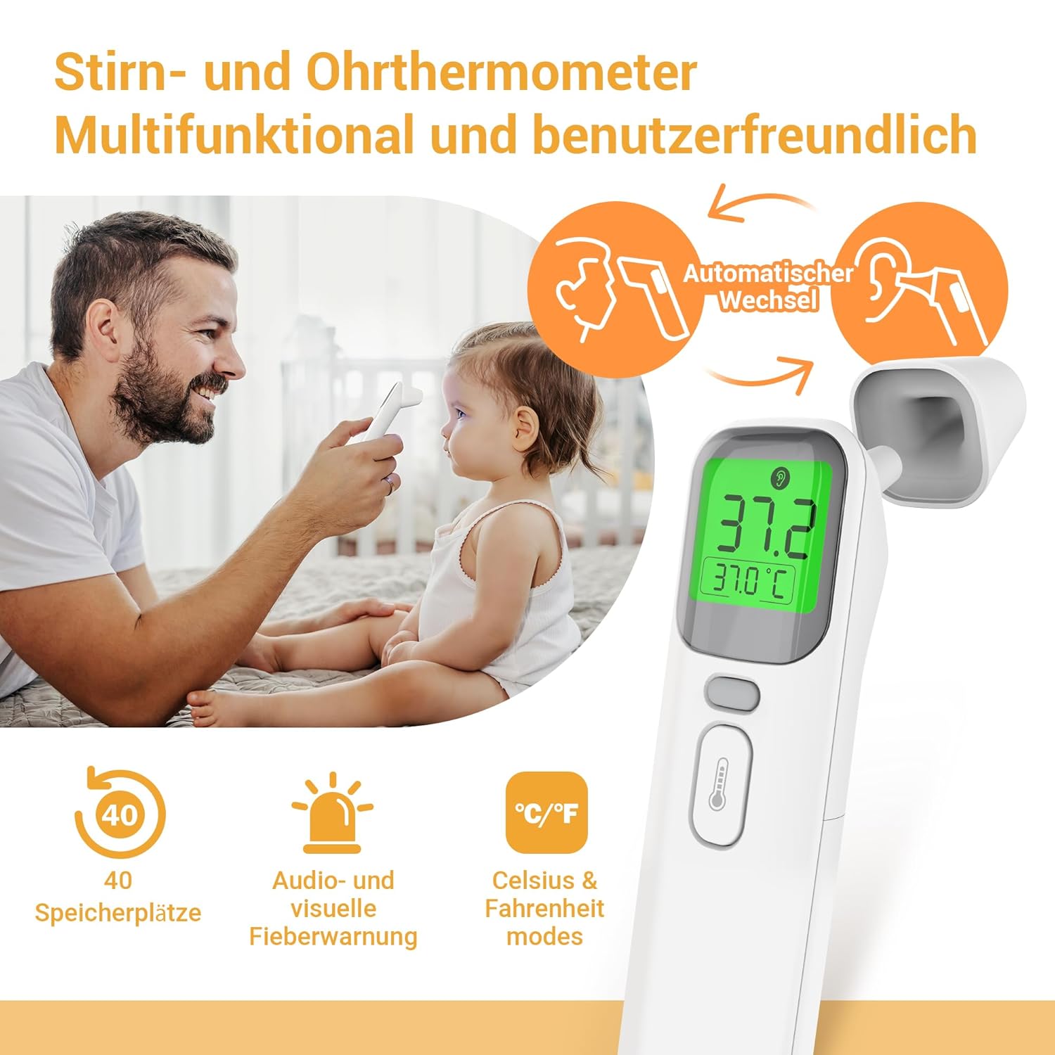 FORA Baby & Digitales Fieberthermometer – Multifunktions-Thermometer für Ohr und Stirn mit Farbcode-Fieberanzeige, Silent-Modus, Memory-Funktion – Hygienisch & kompakt für junge Mütter – Bild 3