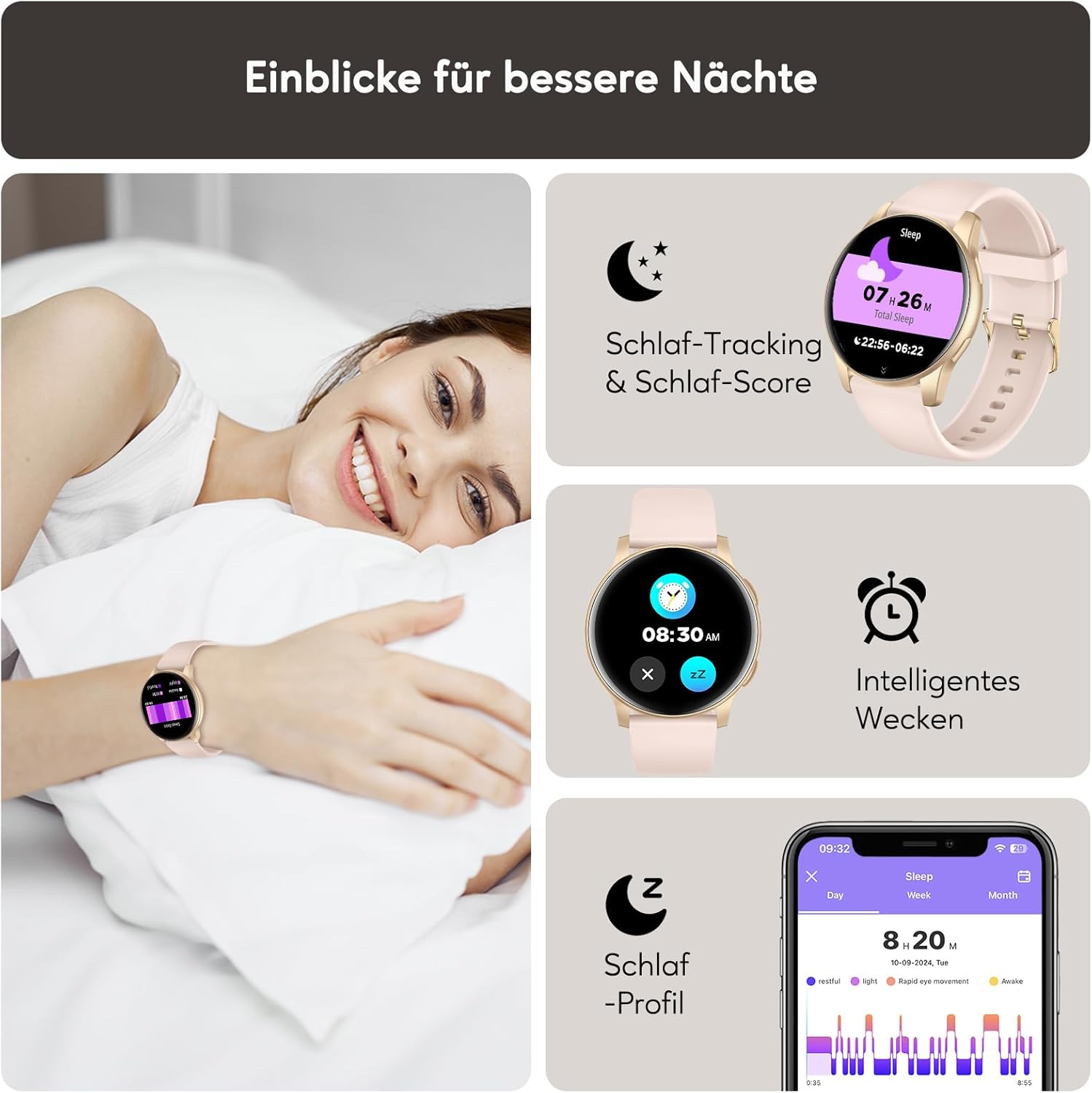 AcclaFit Smartwatch Damen Herren 1,38 Zoll HD-Display Smartwatch mit Bluetooth-Anrufen, Fitness-Tracker mit Herzfrequenz-SpO2-Schlafmonitor Schrittzähler IP68 wasserdichte Fitnessuhr für iOS Pink – Bild 4