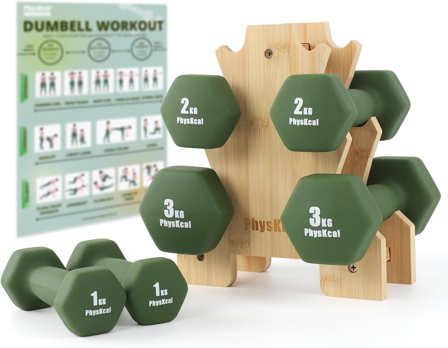 PhysKcal 6er- Hanteln Set mit Bambusständer, Kleine Neopren Kurzhantel Set | Stilvolles Fitnessgeschenk für Anfänger, Damen und Kinder, ästhetisch als Wohnaccessoire, ideal für Pilates, Reha und Cardio