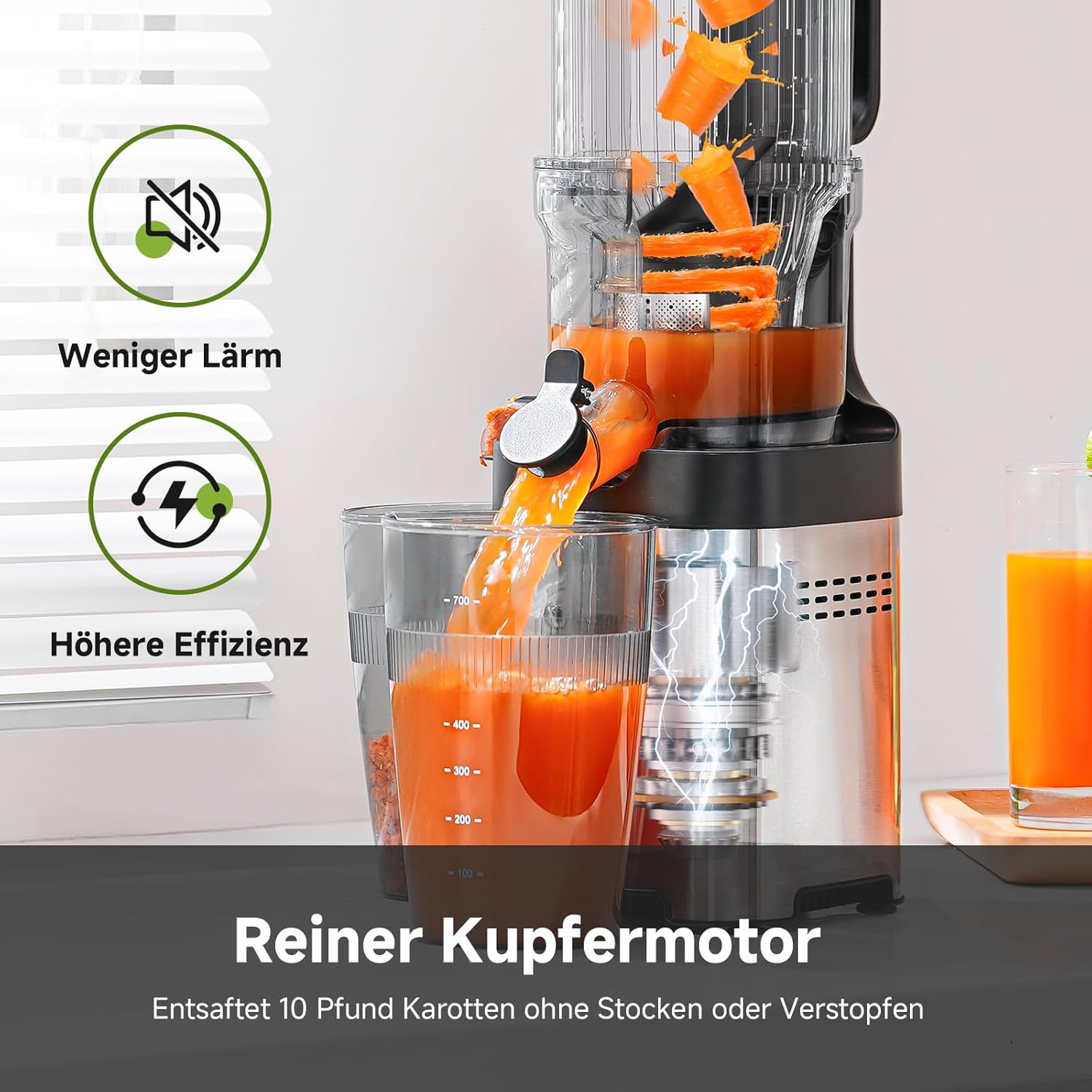 AMZCHEF Entsafter – Slow Juicer mit 120 mm Breite und größerem Einfüllschacht für ganzes Gemüse und Obst – leicht zu reinigender Entsafter mit 2 Gläsern – Silber – Bild 8