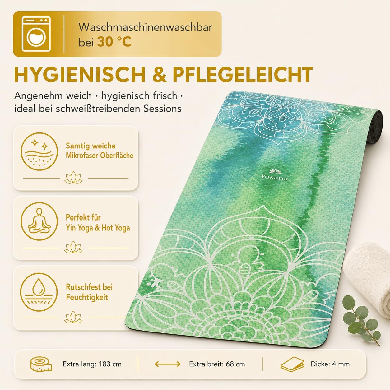 Yosana Yogamatte aus Naturkautschuk – rutschfeste, nachhaltige Yogamatte mit Mikrofaseroberfläche zur schnellen Aufnahme von Schweiß – maschinenwaschbare Sportmatte – 183 x 68 cm – Bild 5