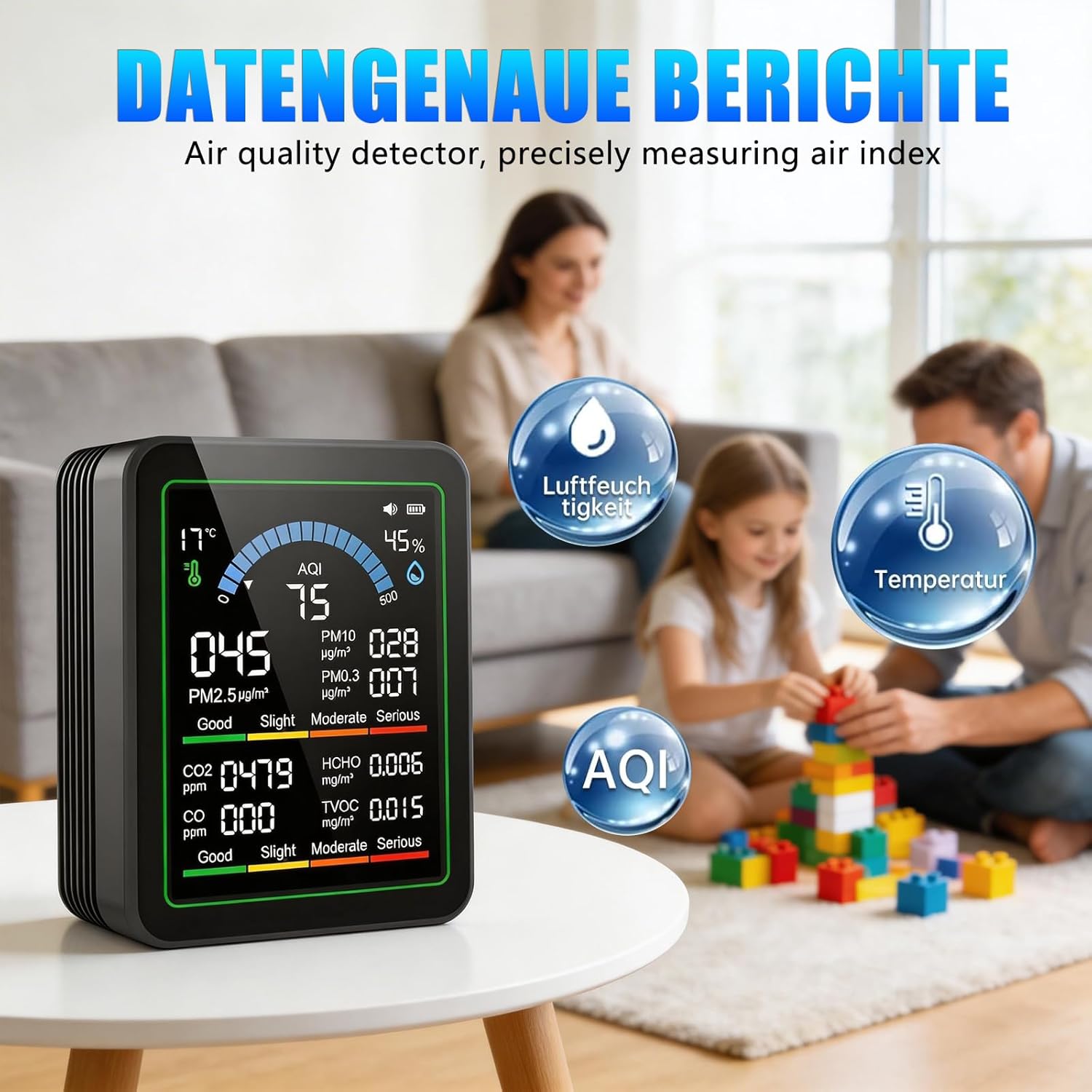 10-in-1-Luftqualitätsmonitor mit Farbdisplay und 4-Farben-Alarm, Messung von CO₂, PM1,0/PM2,5/PM10, HCHO, Temperatur und Luftfeuchtigkeit. Luftüberwachungsgerät mit Typ C für Zuhause, Büro (Schwarz) – Bild 5