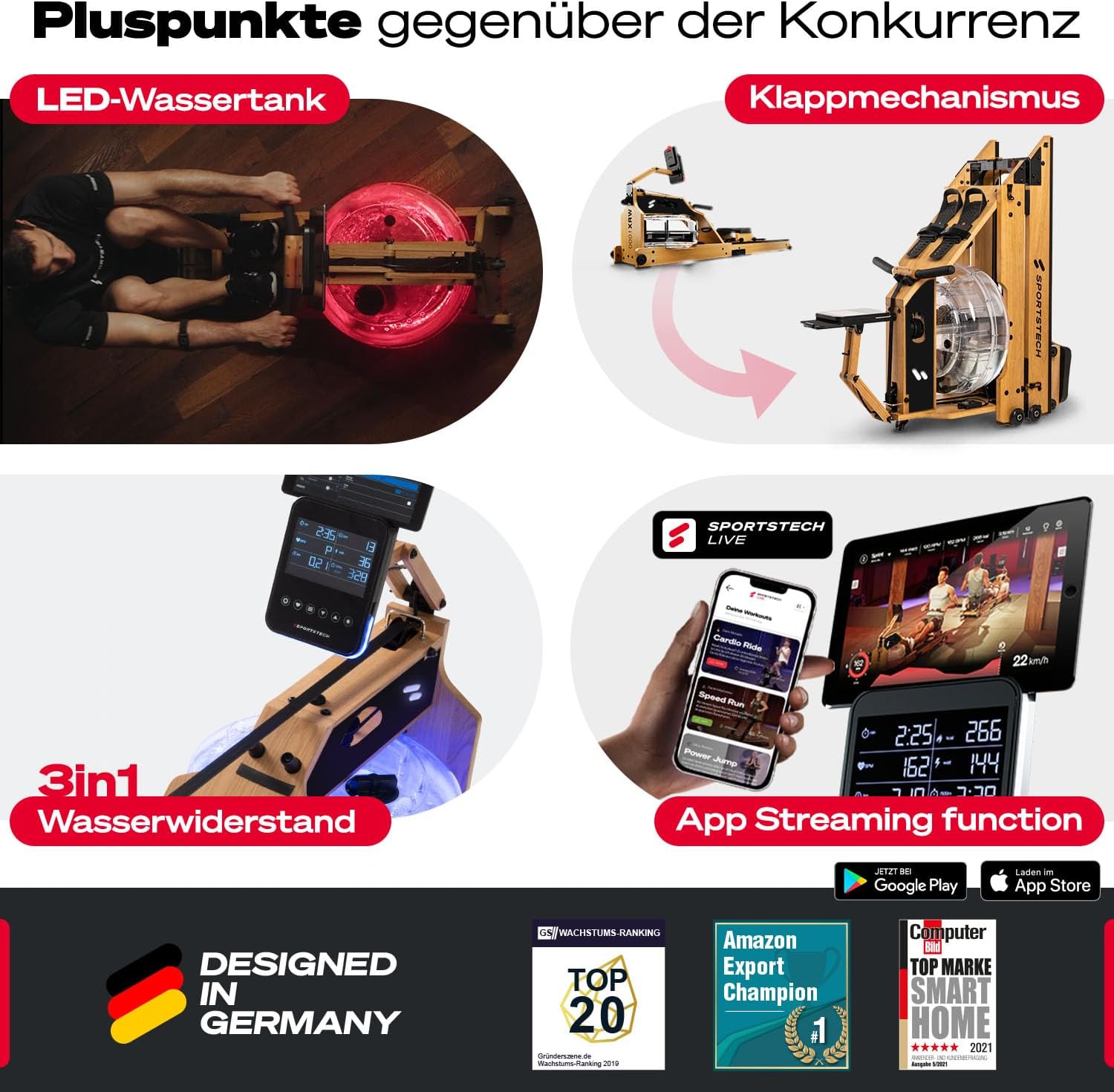 Sportstech Premium Rudergerät Wasser für Zuhause, Rudermaschine mit LED-Wassertank, Water Rower klappbar, Deutsches Qualitätsunternehmen, App mit Workout Kursen+ Tablethalterung, Massivholz, WRX1000 – Bild 5