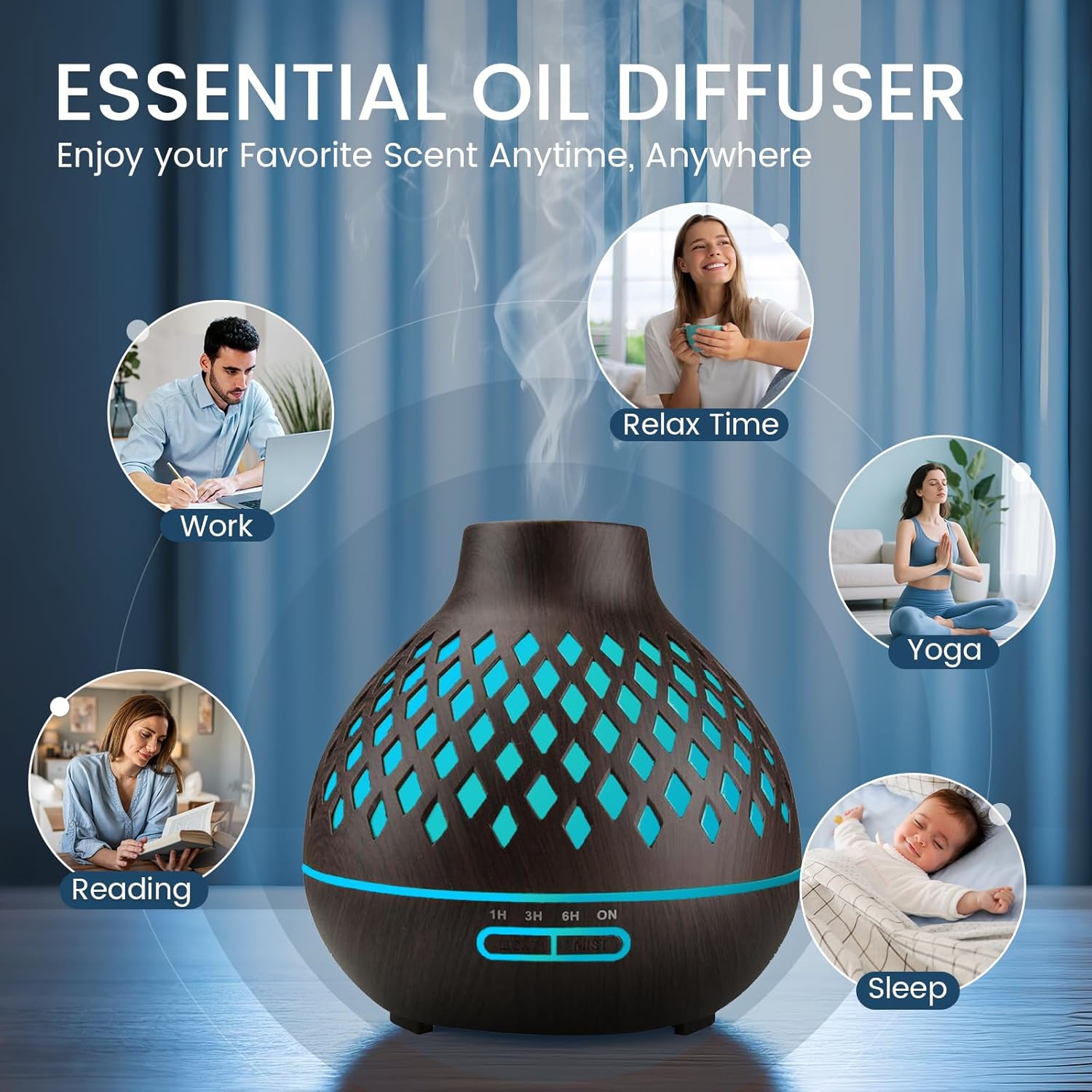Aeshory 550 ml Aromadiffusor mit 12 x 5 ml ätherischen Ölen, Ultraschall-Aromatherapie-Diffusor mit Fernbedienung, 7 farbige LED-Lichter, 4 Timer, automatisch wasserlos, Schwarz – Bild 7