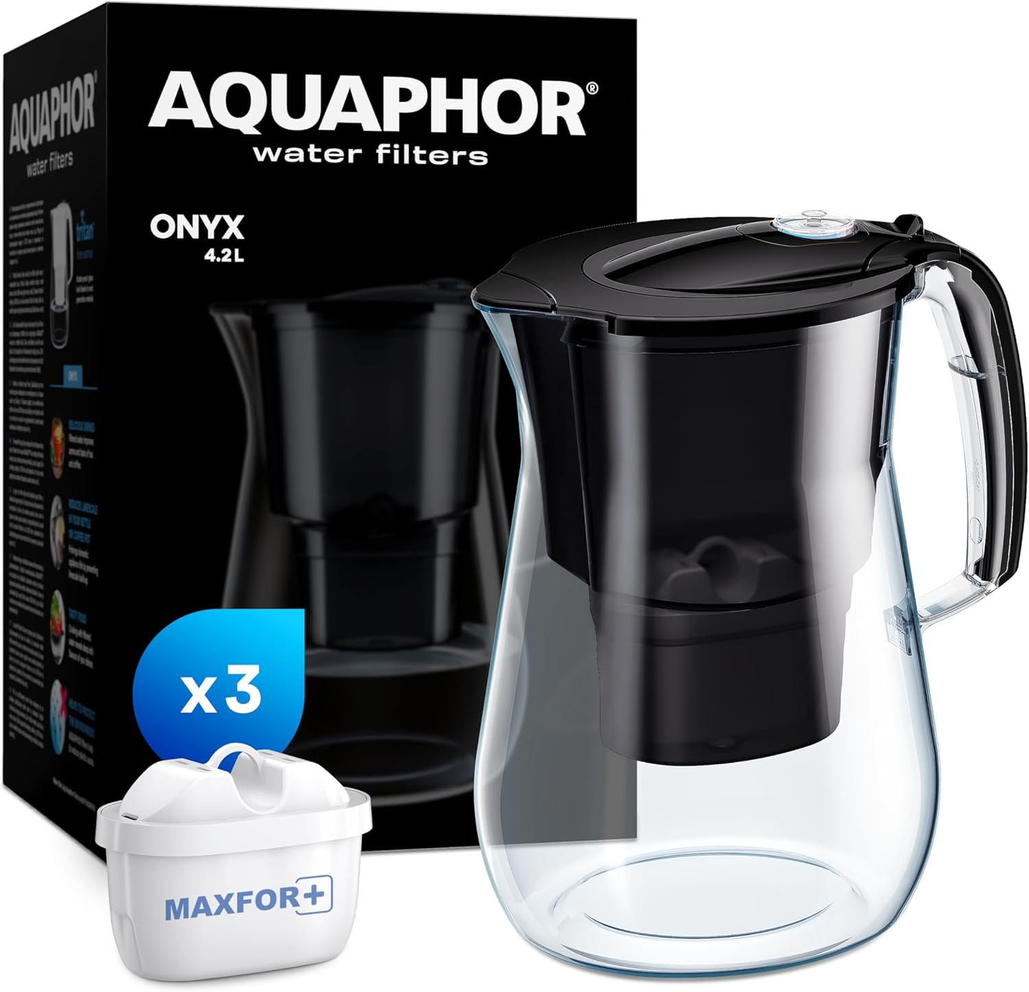AQUAPHOR Onyx Wasserfilterkanne 4,2 L, zur Reduzierung von Kalk, Chlor und anderen Verunreinigungen, inklusive 3 x Maxfor+ Filterkartuschen – Premium Wasserfilterkanne in Glasoptik – Schwarz