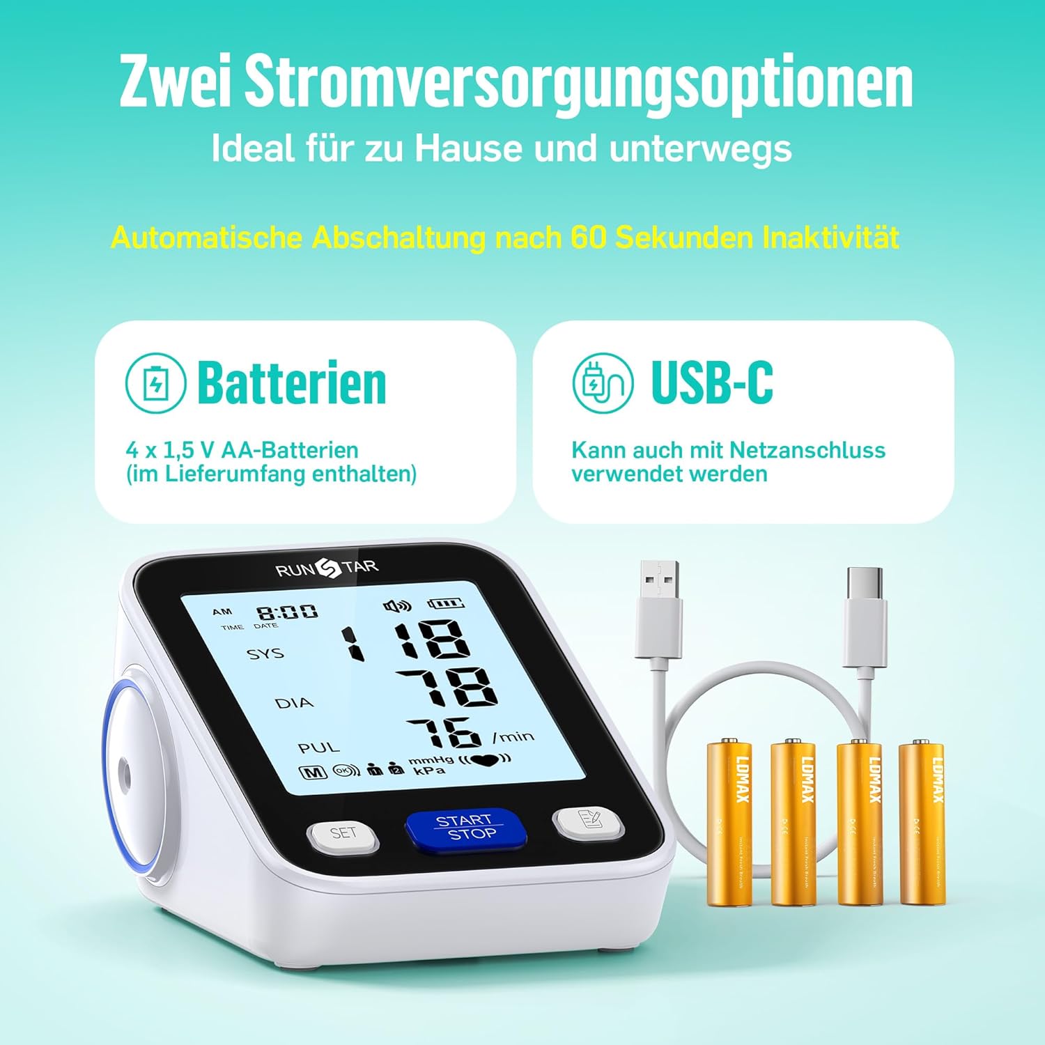RunStar Oberarm-Blutdruckmessgerät mit breiter Manschette (22 cm – 42 cm) für den Heimgebrauch, automatisches digitales Blutdruckmessgerät mit Aufbewahrungstasche, 2 x 99 Messwertspeicher – Bild 6