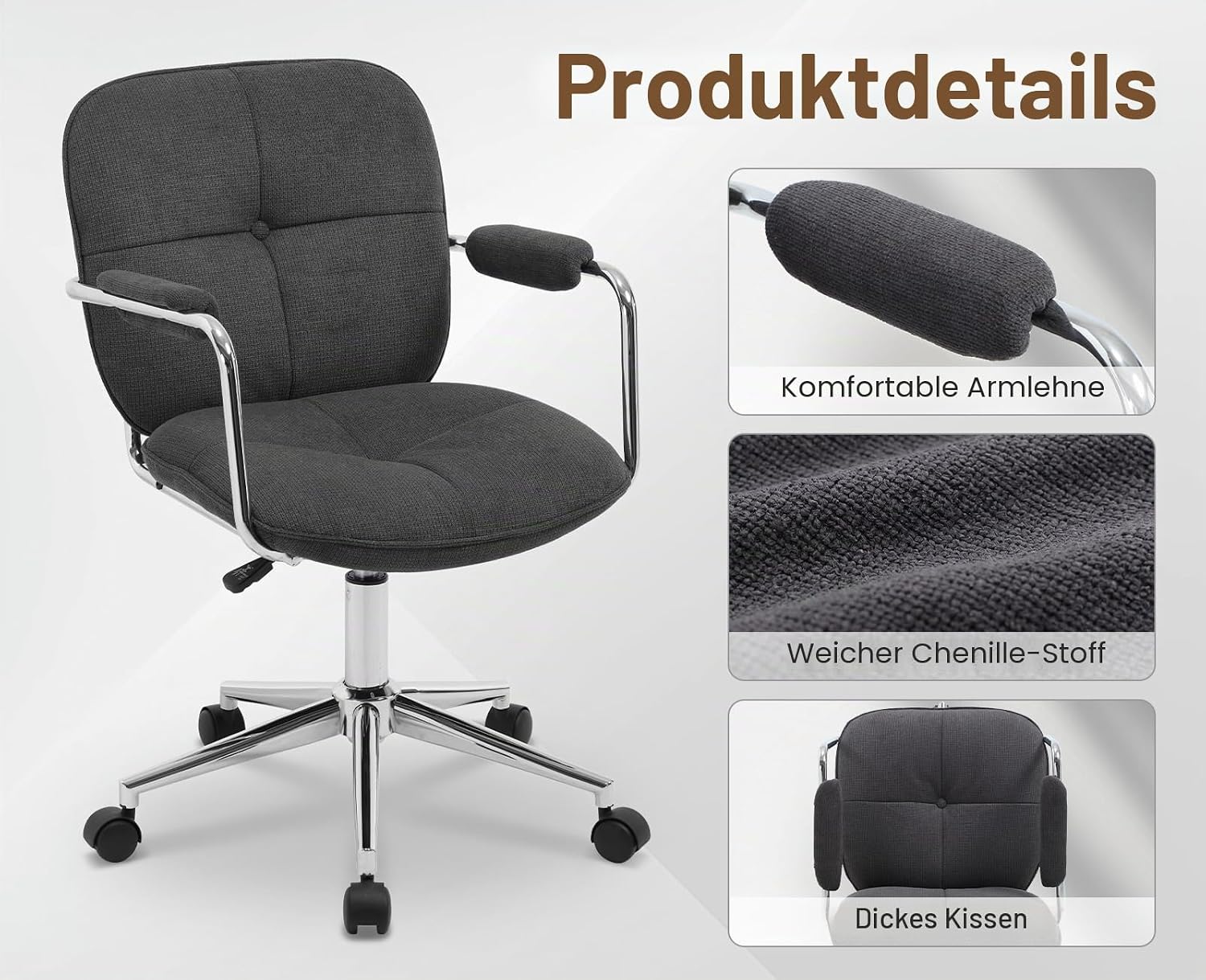 Ya-Home Schreibtischstuhl, Bürostuhl, ergonomisch mit Armlehne, 360° drehbarer Heimbürostuhl, höhenverstellbar, Computerstuhl mit Rollen für Arbeitszimmer, Schlafzimmer, Chenille-Stoff, Grau – Bild 4