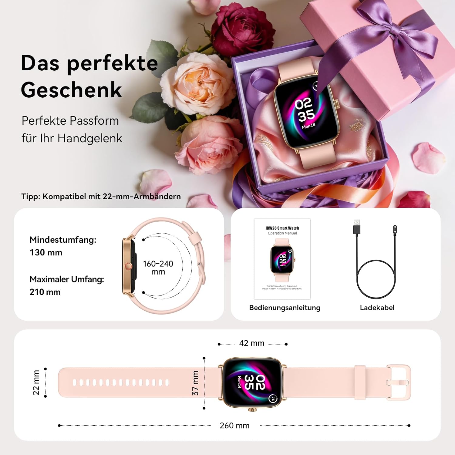 Damen Smartwatch, 1,85 Zoll Smartwatch mit Telefonfunktion, Fitnessuhr mit Herzfrequenzmesser, Schlafmonitor, SpO2, 110 Sportmodi, Fitness-Tracker, IP68 wasserdichter Schrittzähler, Sportuhr für Samsung/iOS/Android – Bild 10