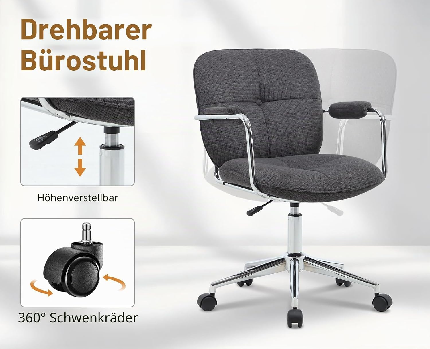 Ya-Home Schreibtischstuhl, Bürostuhl, ergonomisch mit Armlehne, 360° drehbarer Heimbürostuhl, höhenverstellbar, Computerstuhl mit Rollen für Arbeitszimmer, Schlafzimmer, Chenille-Stoff, Grau – Bild 5