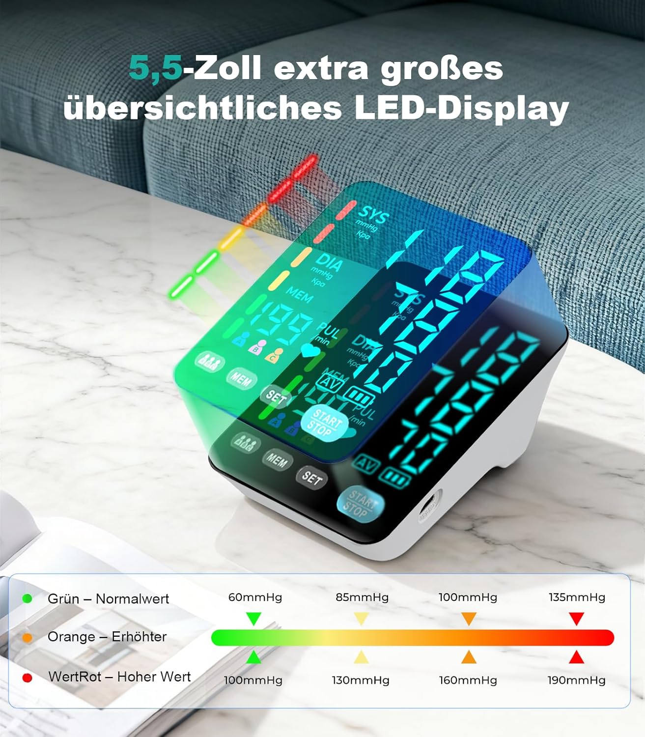 Blutdruckmessgerät, automatisches Oberarm-Blutdruckmessgerät für den Heimgebrauch, 2 Blutdruckmessgerät-Manschetten (9–17 Zoll und 13–21 Zoll) mit großer LED-Hintergrundbeleuchtung, 3 x 199 – Bild 3