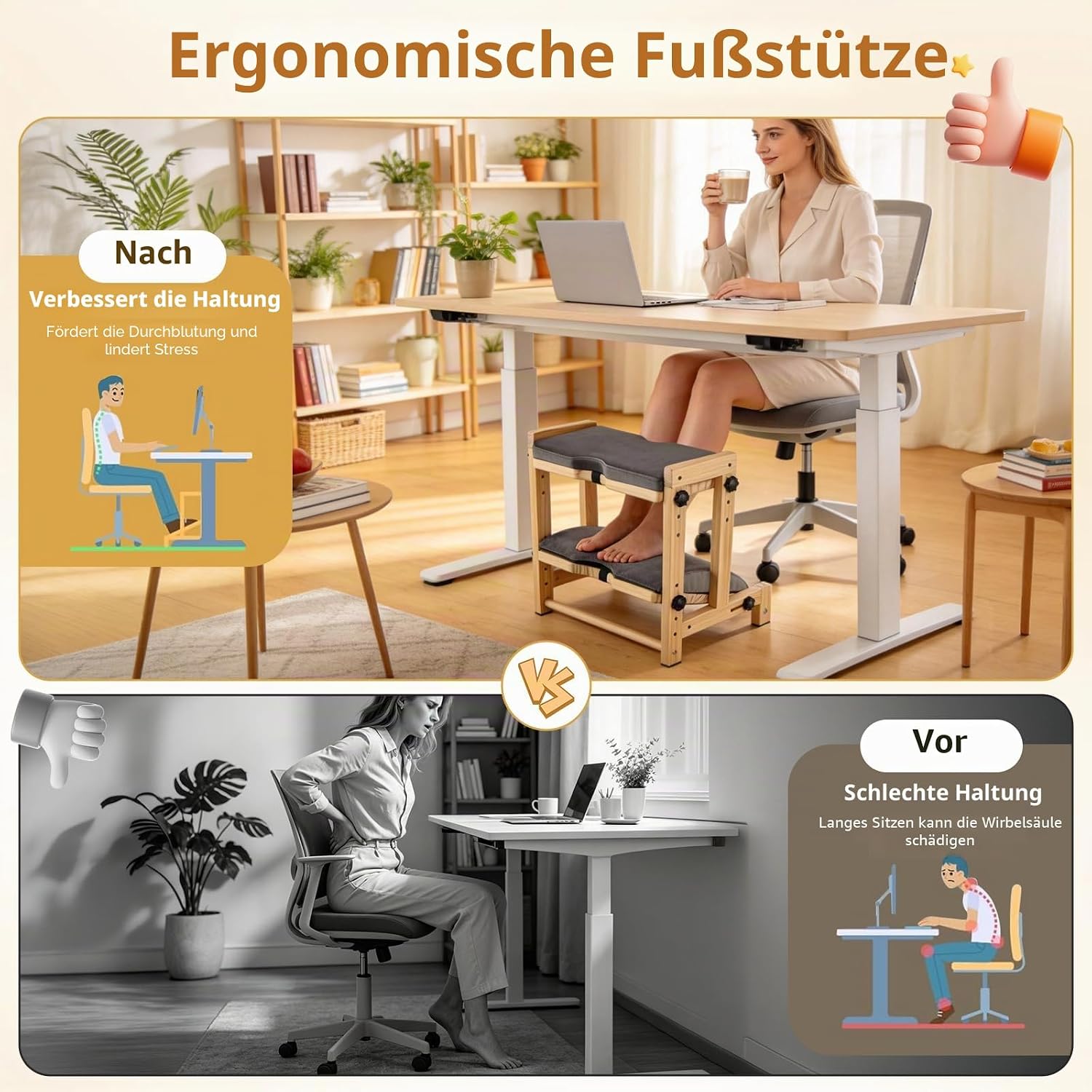 2-in-1 Fußstützen-Schreibtisch als Bein- & Fußstütze, 4-fach verstellbarer Fußhocker aus Kiefernholz, Entlastung von müden Beinen, herausnehmbare weiche Polsterung, rutschfeste Fußstütze für Büro & Zuhause – Bild 2