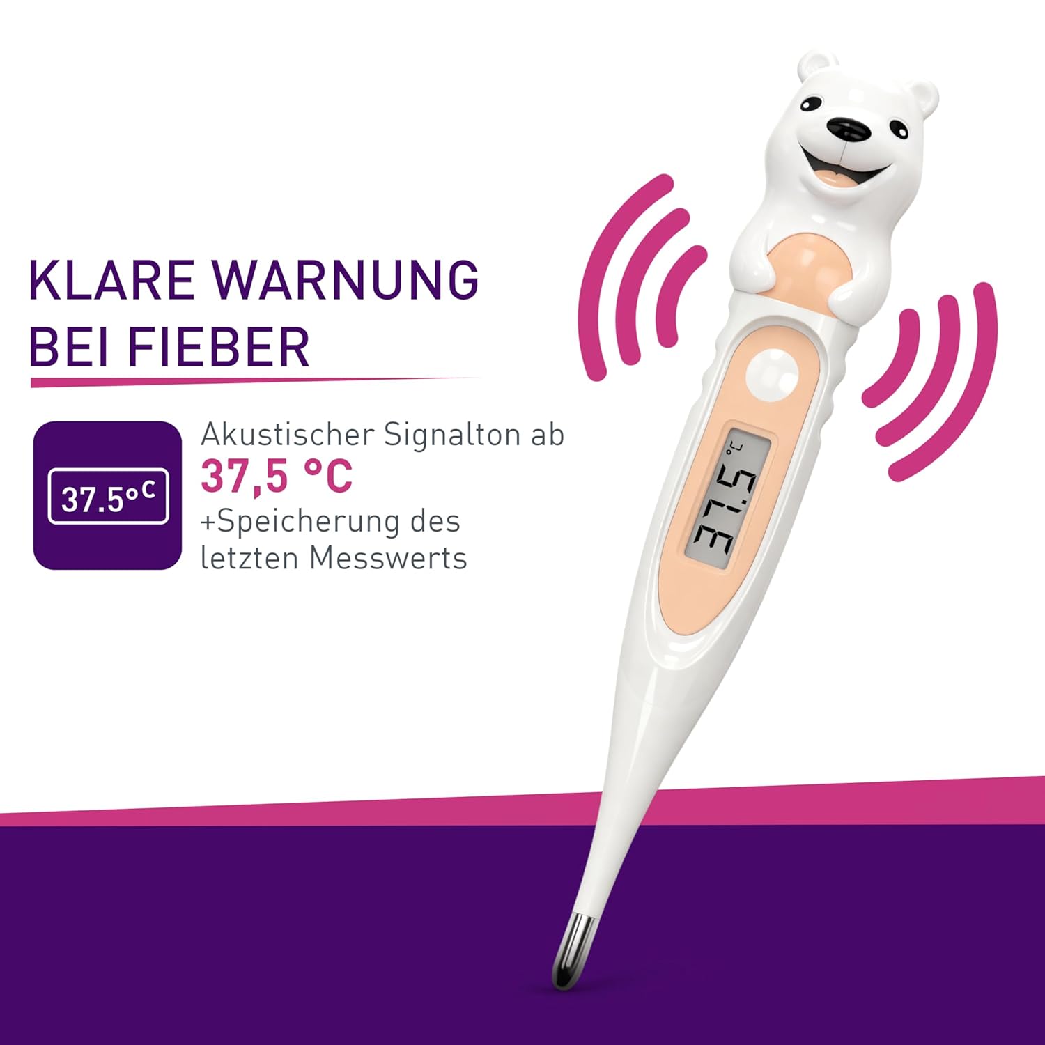 scala SC 44 flex Digitales Fieberthermometer Baby & Kinder – 10 Sekunden Messzeit, flexible Spitze, Fieberalarm, wasserdicht – oral, rektal & axillär – Eisbären-Motiv – Bild 4