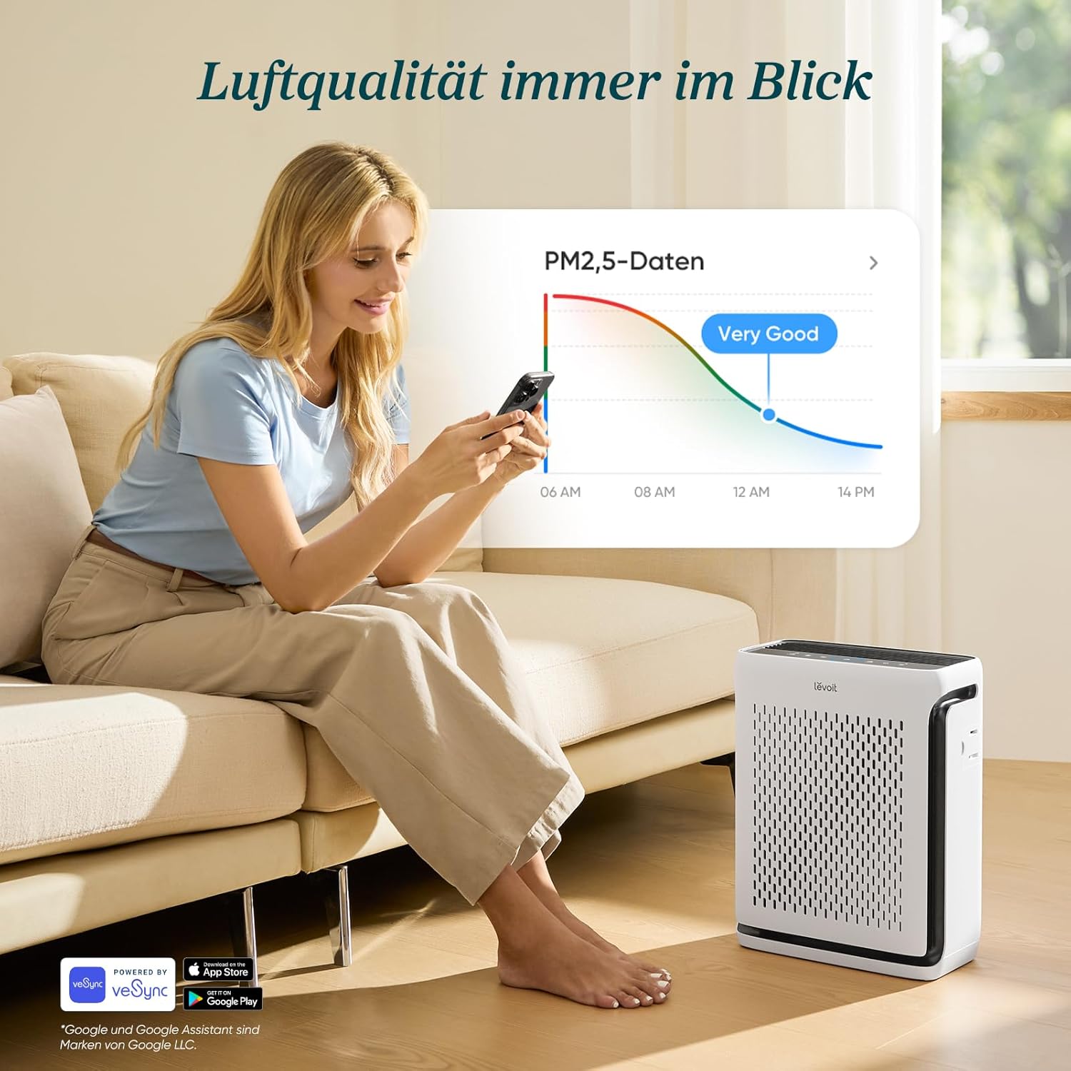 Levoit Vital 100S HEPA-Luftreiniger für Allergiker, CADR 243 m³/h, HEPA- und Aktivkohlefilter, leise, PM2.5-Sensor, App und Alexa, gegen Staub, Pollen, Rauch und Gerüche, bis zu 52 m², Mondweiß – Bild 2