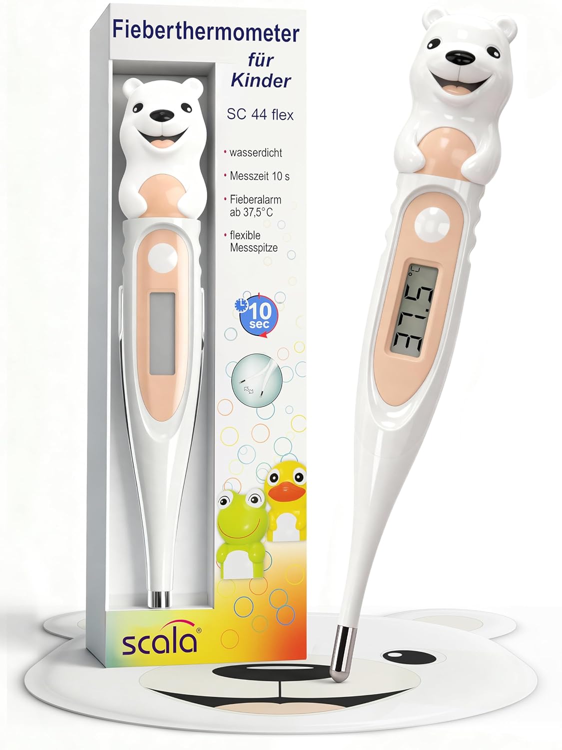 scala SC 44 flex Digitales Fieberthermometer Baby & Kinder – 10 Sekunden Messzeit, flexible Spitze, Fieberalarm, wasserdicht – oral, rektal & axillär – Eisbären-Motiv