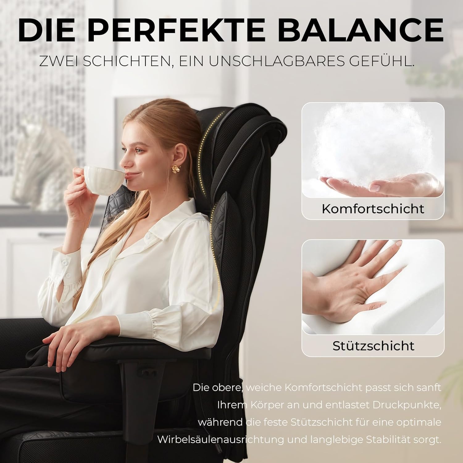 Dowinx XXL Bürostuhl mit Massage-Lendenkissen und extra dicker Sitzpolsterung, Chefsessel mit atmungsaktivem Netz & verstellbaren Armlehnen, ergonomischer Schreibtischstuhl mit Fußstütze, Schwarz – Bild 3