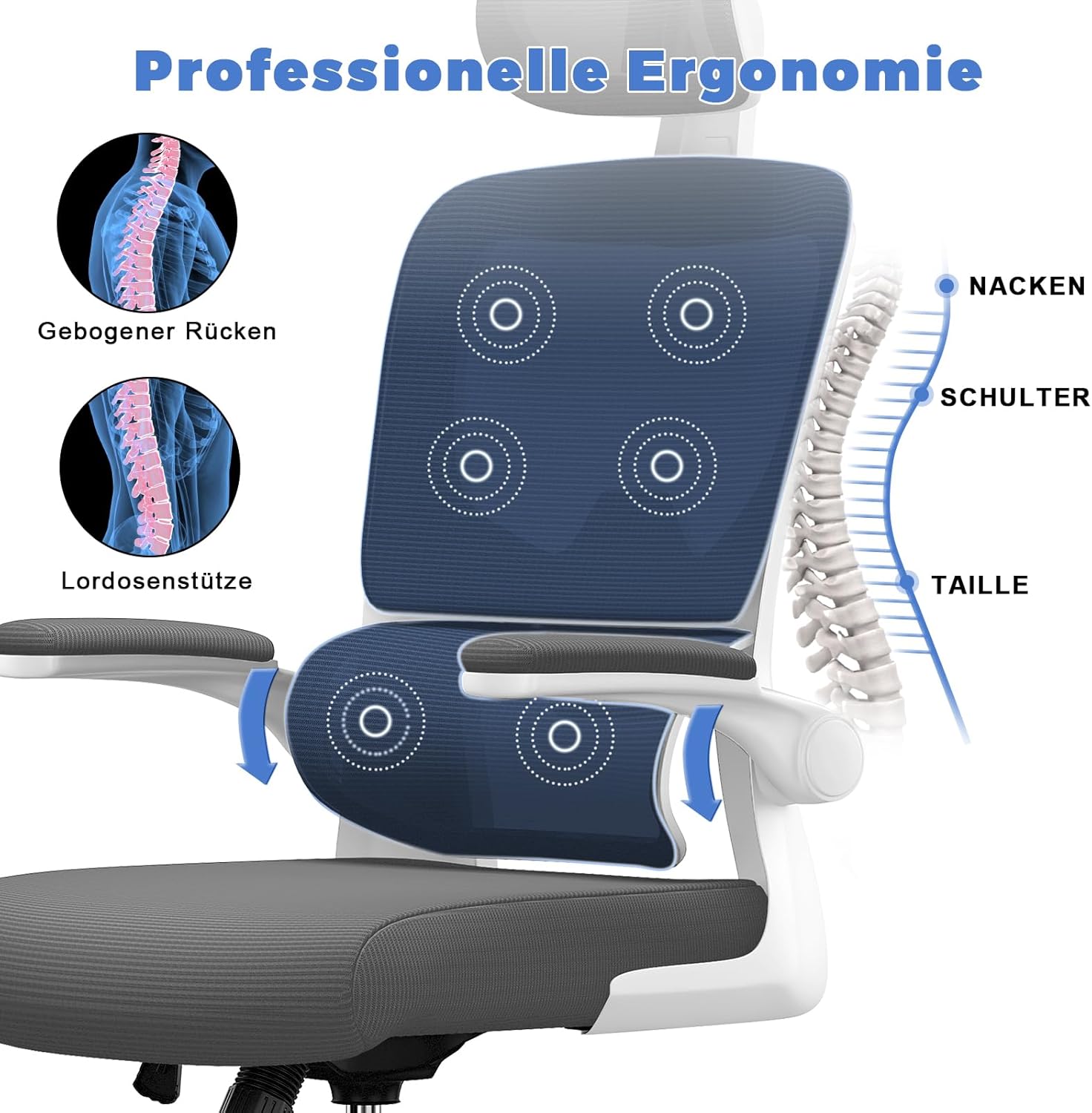 naspaluro Bürostuhl, Ergonomischer Schreibtischstuhl mit verstellbarer Kopfstütze, Armlehnen, dynamischer Lordosenstütze, Drehstuhl mit atmungsaktivem Netzbezug für das Home Office, Dunkelgrau – Bild 3