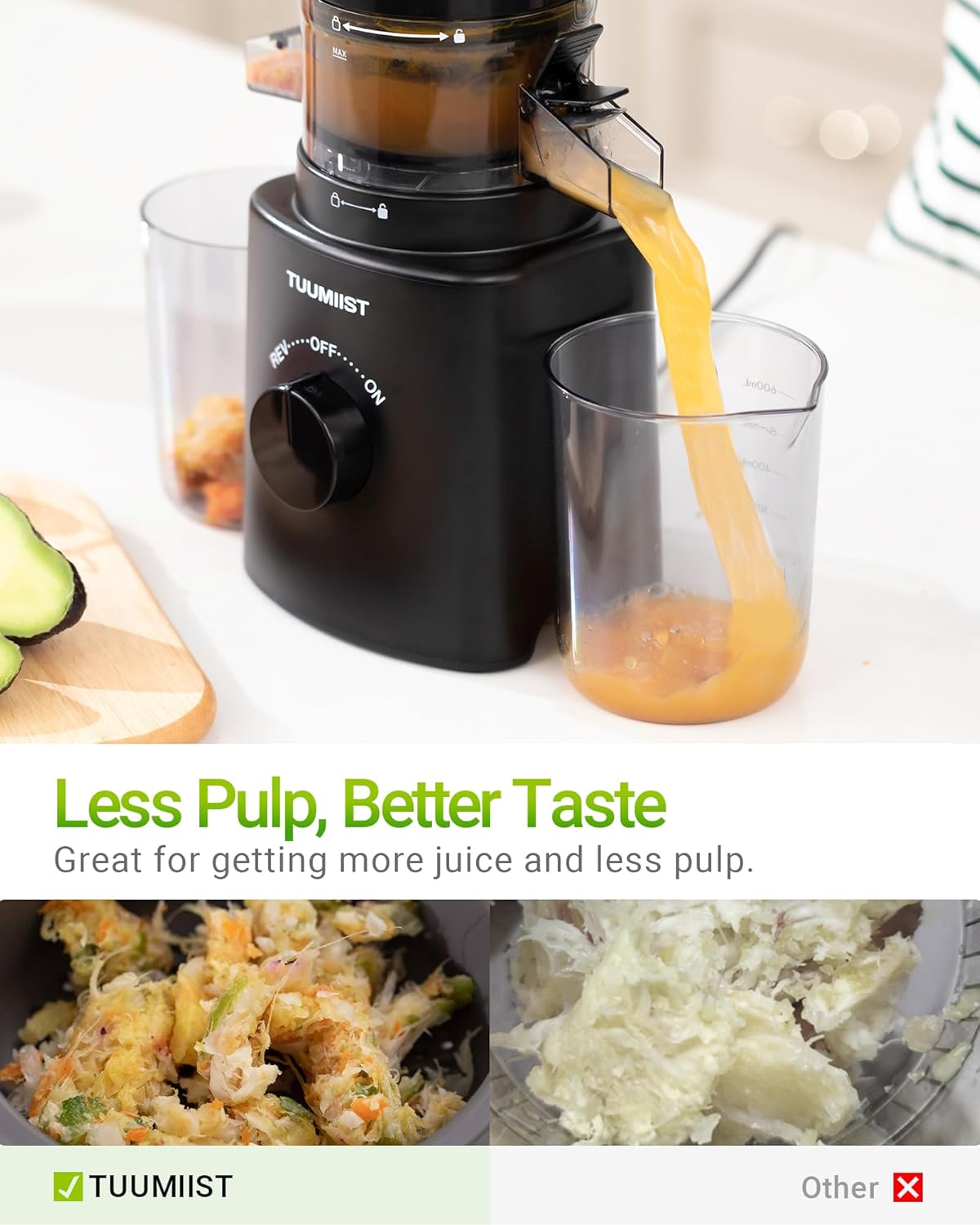TUUMIIST Slow Juicer mit extra großem Einfüllschacht, Entsafter Gemüse und Obst, Testsieger, anwendbares ganzes Obst und Gemüse, Entsafter BPA-frei, Schwarz glänzend, 120 mm – Bild 5