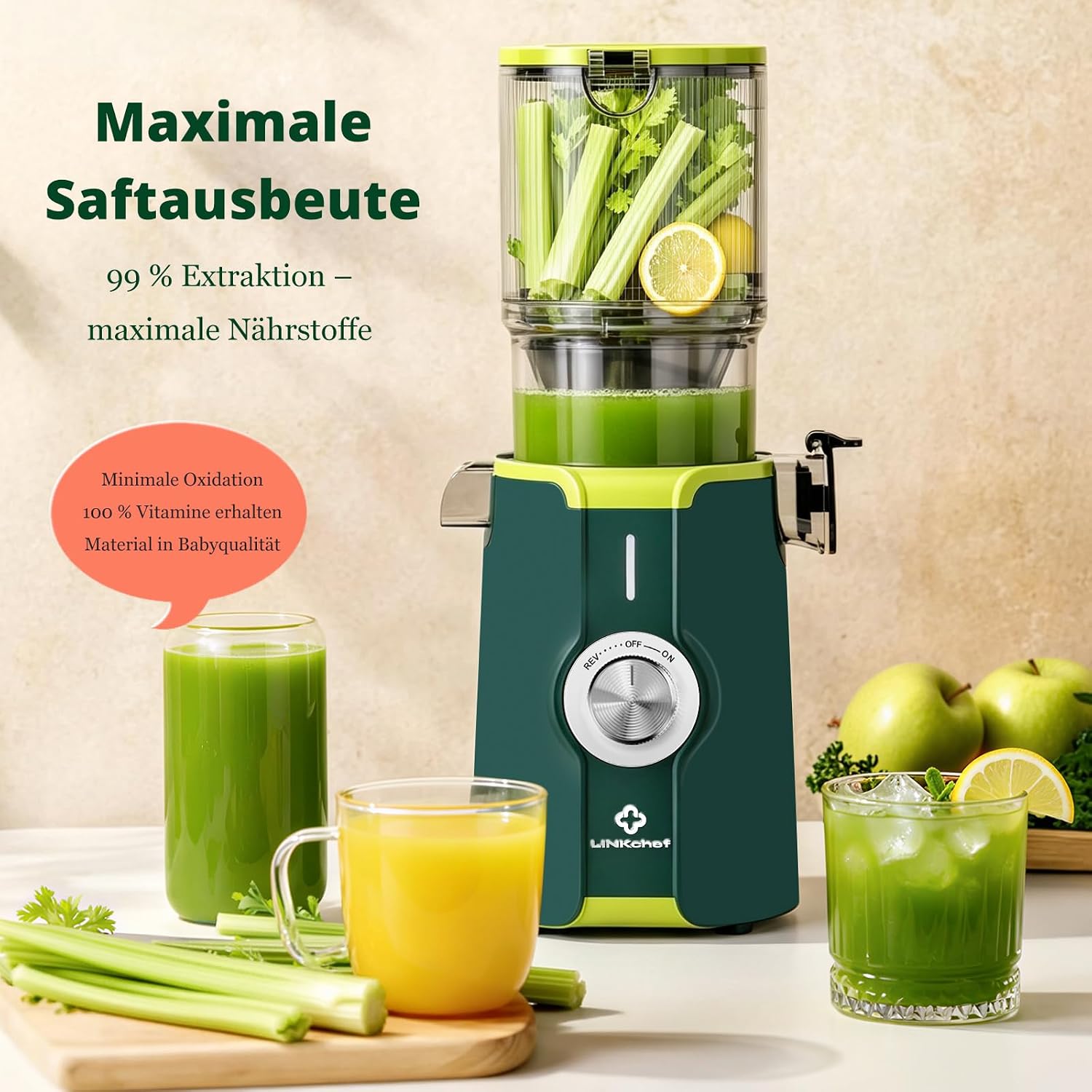 LINKChef Slow Juicer Elektrischer Entsafter | 200 W Kaltentsafter für ganze Früchte und Gemüse | 115 mm große Öffnung | BPA-freier Entsafter mit Blitzreinigung und einfacher Montage | Enthält Saftrezepte | Grün – Bild 5