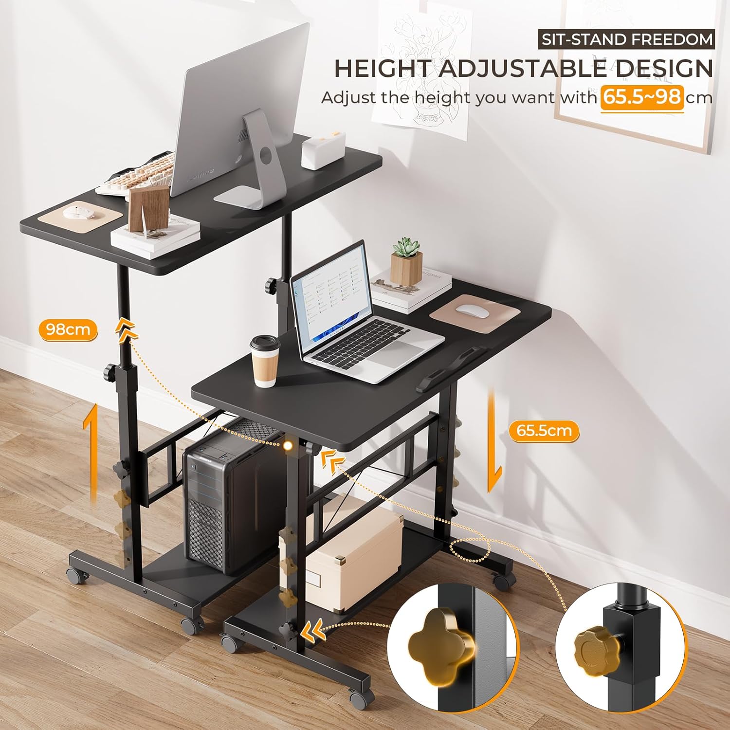 Dripex 80 x 40 cm Stehschreibtisch, höhenverstellbar 65–98 cm, mobiler Computertisch mit Rollen und neigbarer Tischplatte, Überbetttisch, Stehsitztisch für Zuhause und Büro, Schwarz – Bild 5