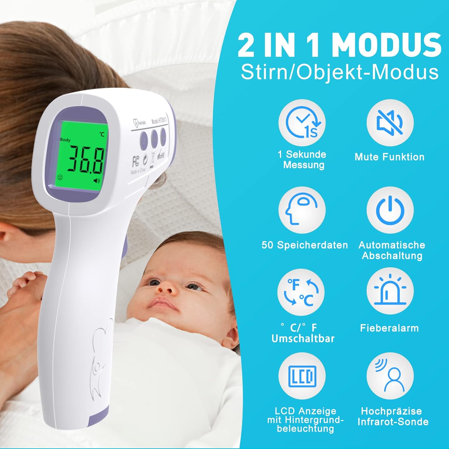Fieberthermometer, kontaktloses Infrarot-Stirnthermometer für Babys, Erwachsene, Kinder, digitales Fieberthermometer mit genauen Messwerten, Fieberalarm, LCD-Display, 50 Speicherfunktionen – Bild 2
