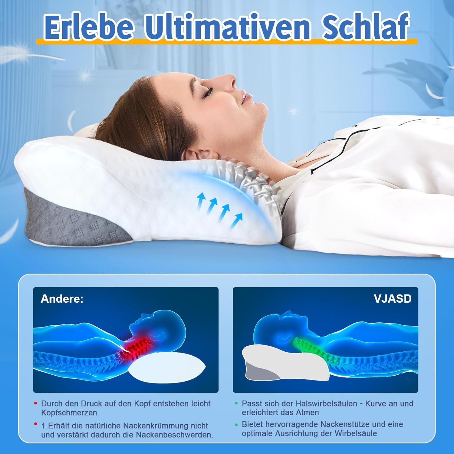 VJASD Orthopädisches Nackenstützkissen aus Memory-Schaum – ergonomisches Kissen gegen Nackenschmerzen, höhenverstellbares Seitenschläferkissen mit atmungsaktivem Bezug – Bild 4