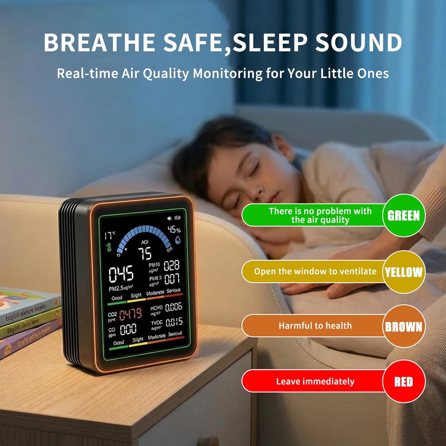 10-in-1-Luftqualitätsmonitor mit Farbdisplay und 4-Farben-Alarm, Messung von CO₂, PM1,0/PM2,5/PM10, HCHO, Temperatur und Luftfeuchtigkeit. Luftüberwachungsgerät mit Typ C für Zuhause, Büro (Schwarz) – Bild 7