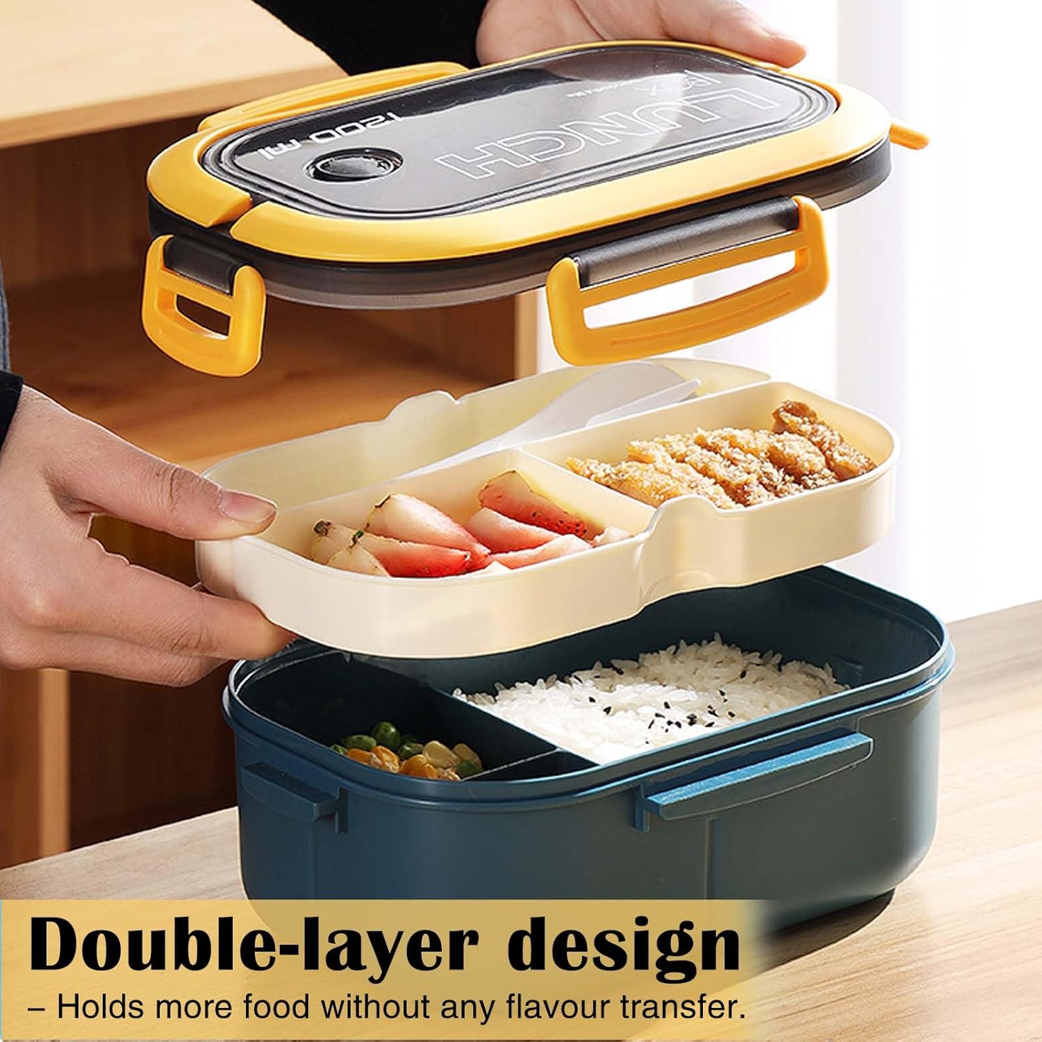 Bento-Brotdose mit Fächern, 2-lagige Lunchbox, Lunchbox, auslaufsicher, für Erwachsene, Salatbox, To-Go-Lunchbox, Snackbox, Frühstücksbox, Büro-Bento-Lunchbox (blau) – Bild 4