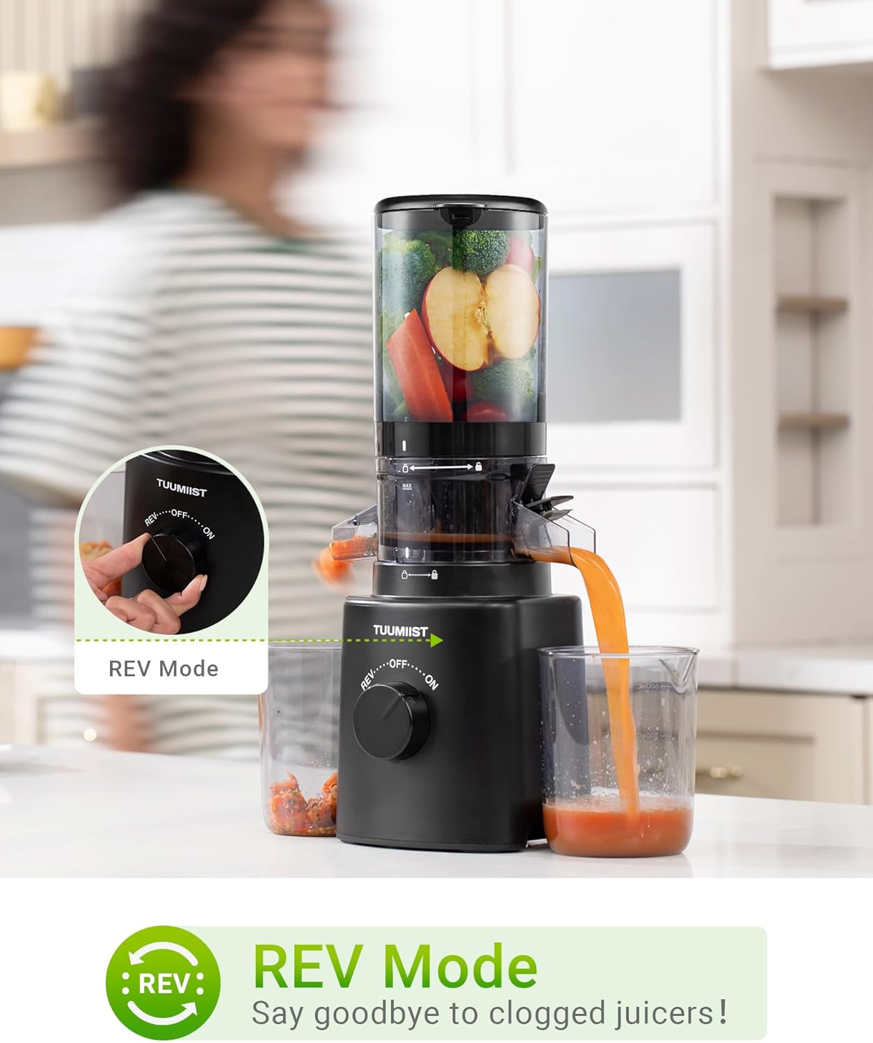 TUUMIIST Slow Juicer mit extra großem Einfüllschacht, Entsafter Gemüse und Obst, Testsieger, anwendbares ganzes Obst und Gemüse, Entsafter BPA-frei, Schwarz glänzend, 120 mm – Bild 9