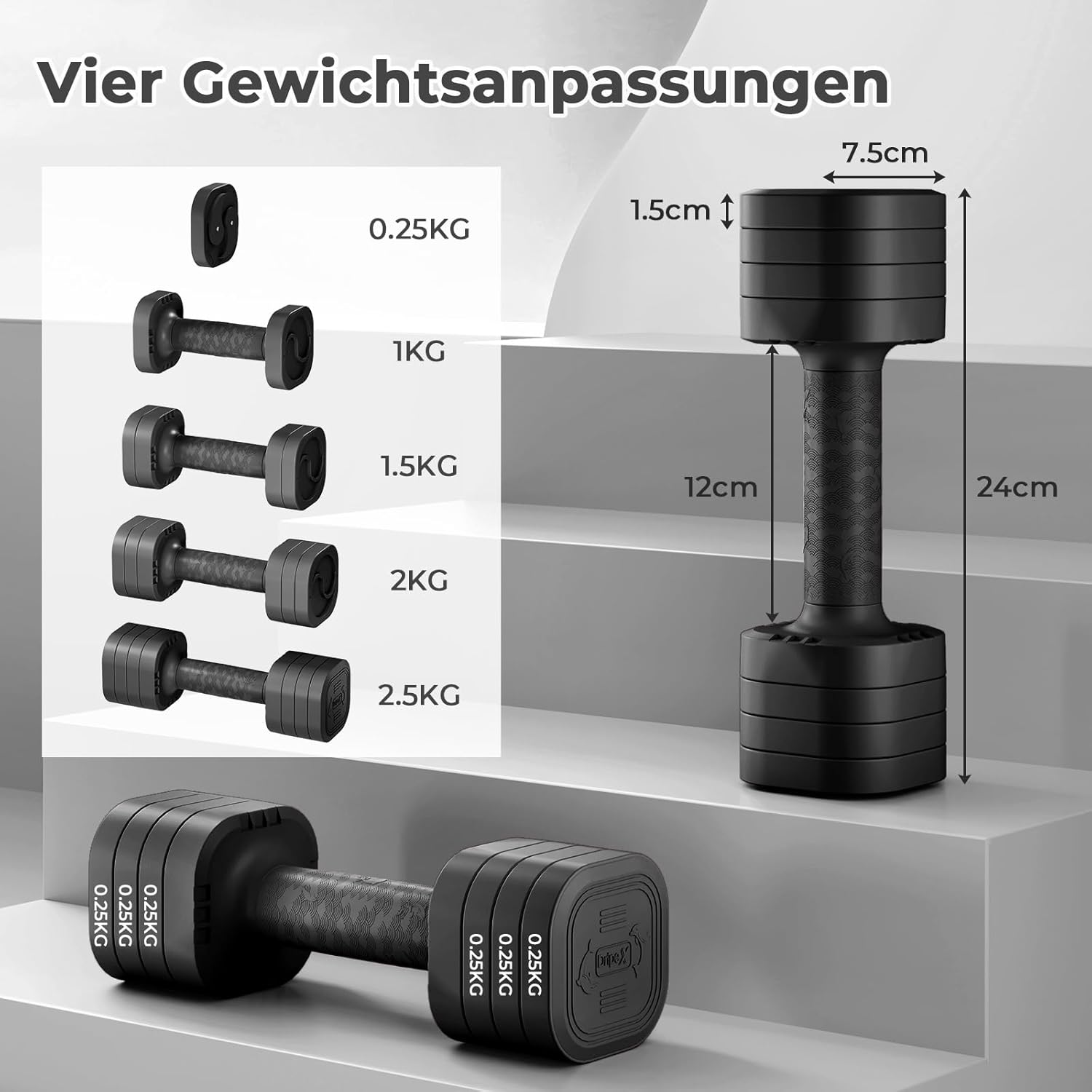 Dripex Kurzhantel-Set, verstellbare Kurzhanteln, 1 Paar 2,5 kg x 2 oder 5 kg x 2 oder 7,5 x 2, 6 Hantelscheiben mit einem Gewicht von 0,25 kg oder 0,5 kg oder 0,75 kg – Bild 3