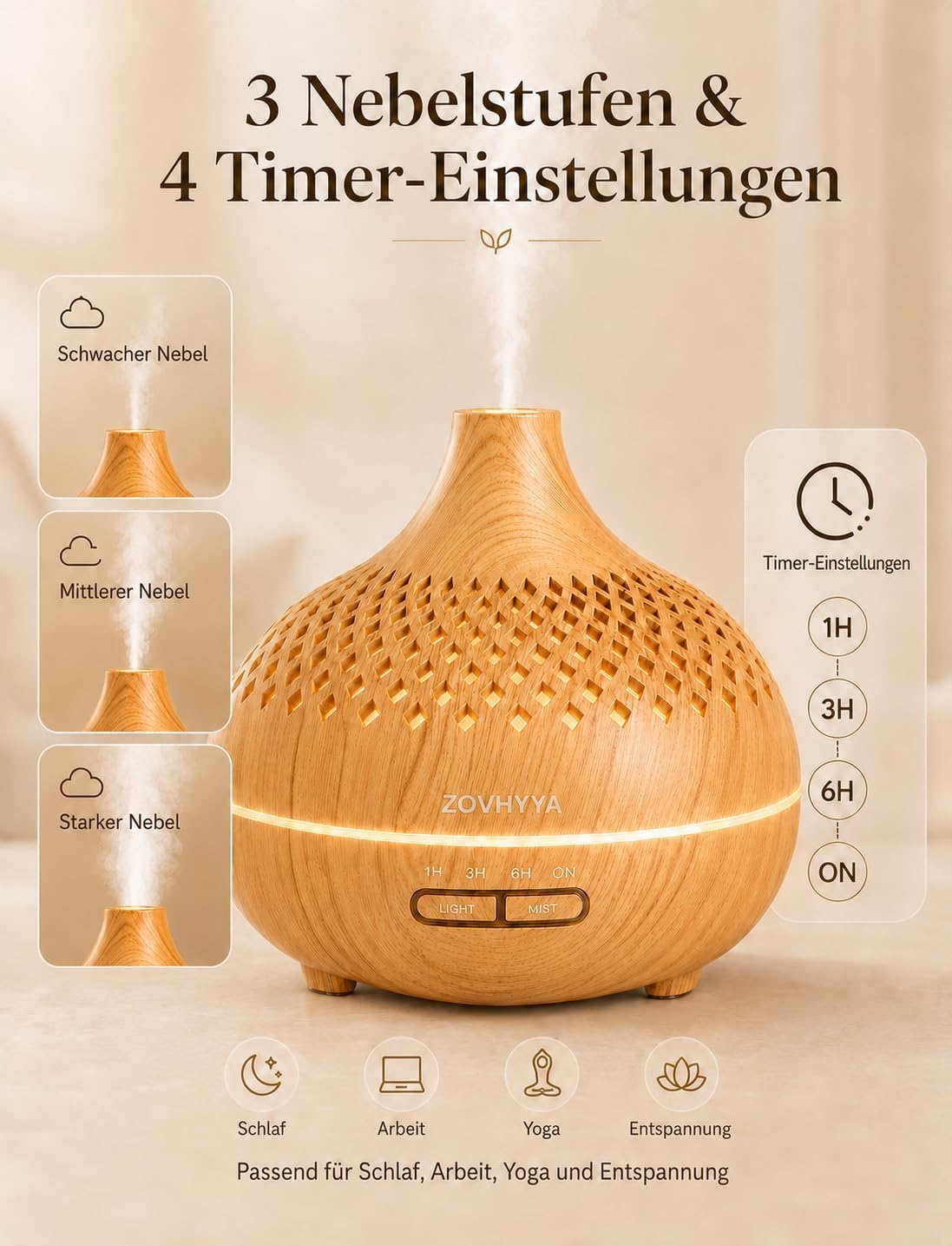 500 ml Aromadiffusor für ätherische Öle, Aromatherapie-Diffusor mit 8 Ölen, Fernbedienung, 4 Timer, 14 Farben und 2 Sprühmodi (Goldgelb) – Bild 4