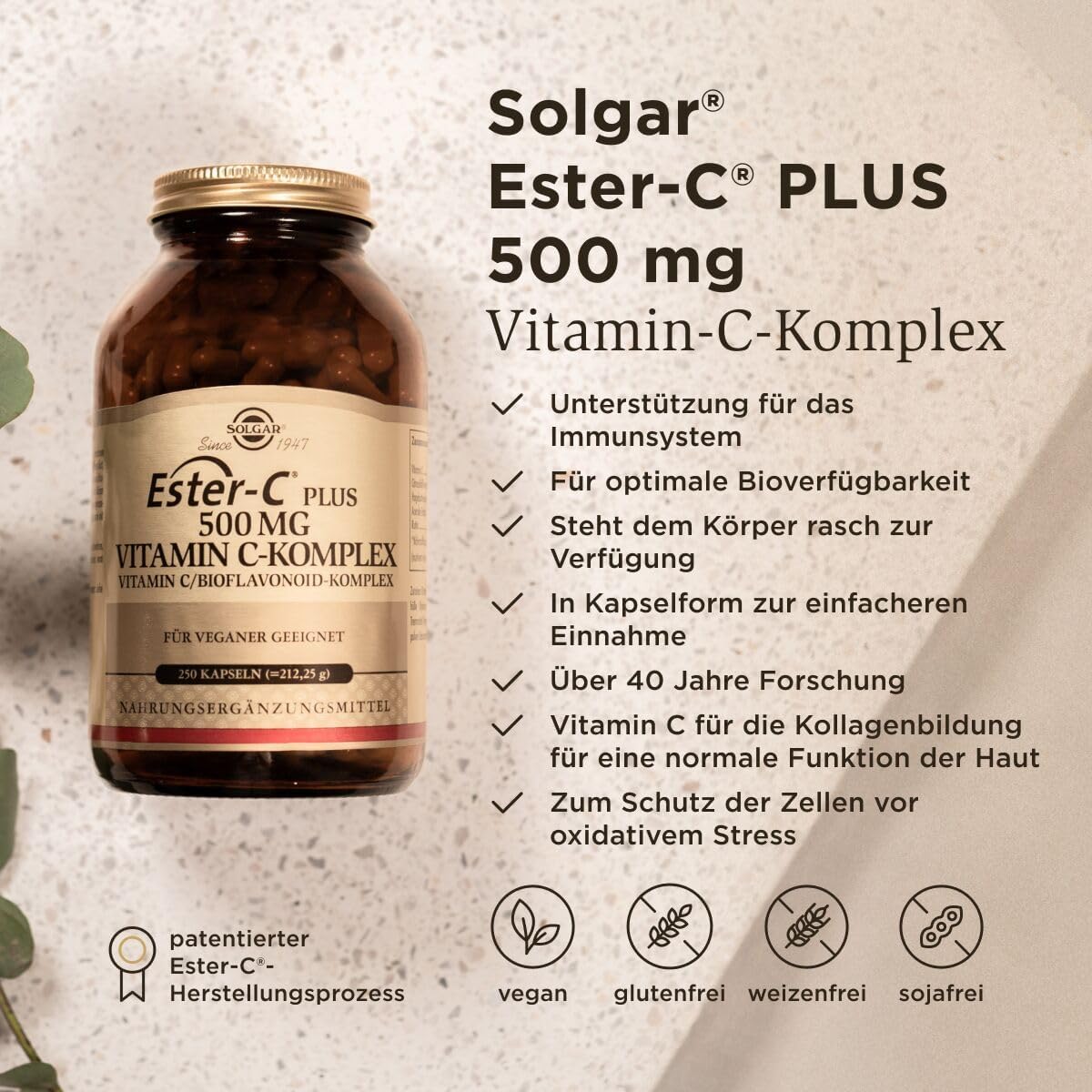 SOLGAR Ester-C Plus (500 mg) | Vitamin-C-Komplex mit patentiertem Ester-C, Zitrus-Bioflavonoiden, Acerola-Extrakt, Hagebuttenpulver und Rutin | 250 vegane Kapseln – Bild 2