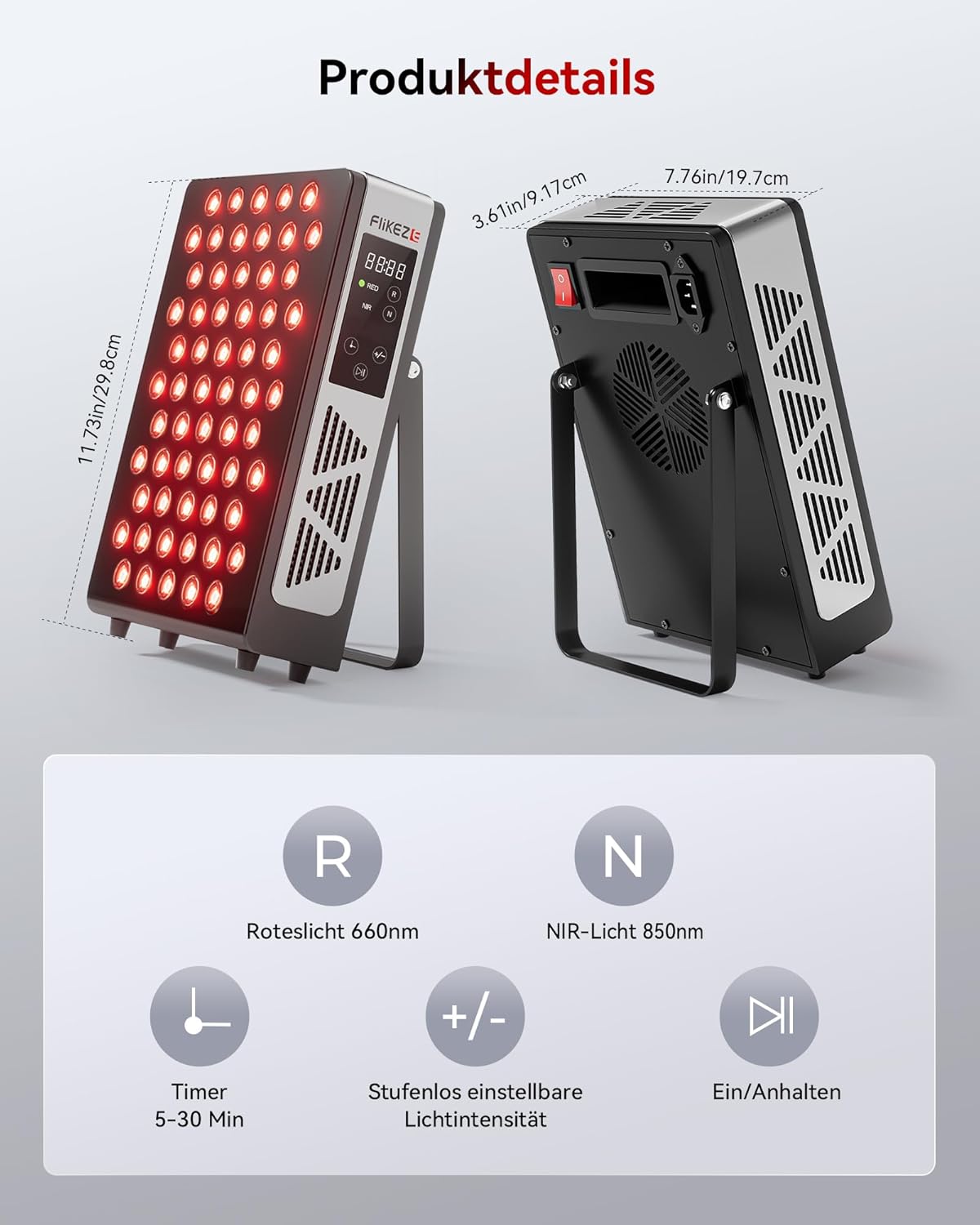 FliKEZE Rotlichttherapie-Panel-Lampe, 60 LEDs, rotes Licht zur gezielten Behandlung von tiefem und oberflächlichem Gewebe, Infrarotlampe, geeignet für Familie, Sport und als Geschenk (BASIC 60) – Bild 5