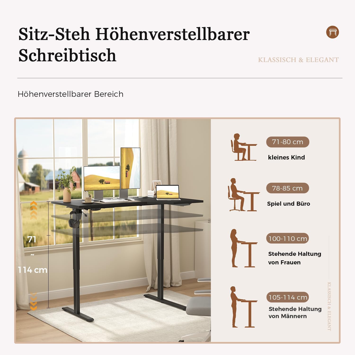 Klicelor Höhenverstellbarer Schreibtisch, elektrischer Stehsitz-Bürotisch, Computertisch mit 2 Memory-Funktionen, Stehpult, 160 x 90 cm, Schwarz – Bild 3