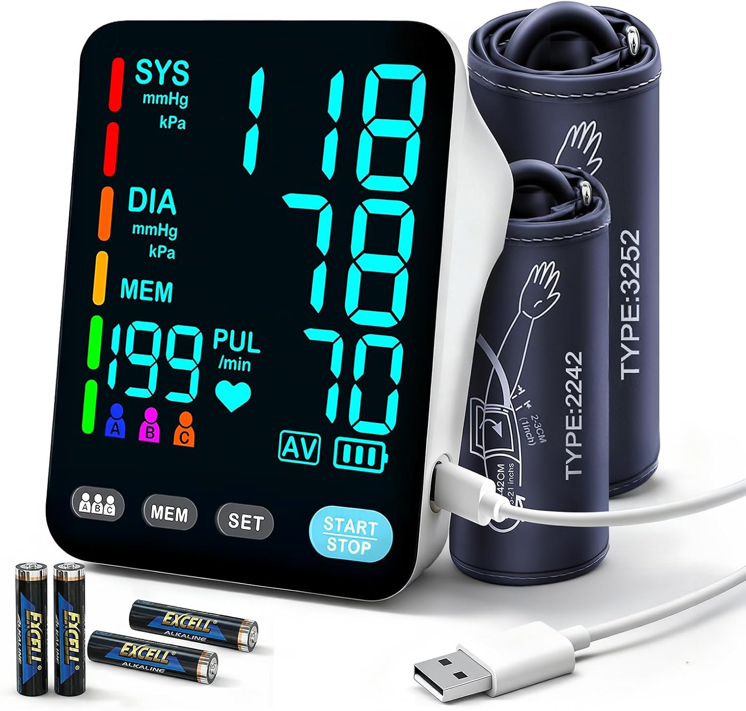 Blutdruckmessgerät, automatisches Oberarm-Blutdruckmessgerät für den Heimgebrauch, 2 Blutdruckmessgerät-Manschetten (9–17 Zoll und 13–21 Zoll) mit großer LED-Hintergrundbeleuchtung, 3 x 199