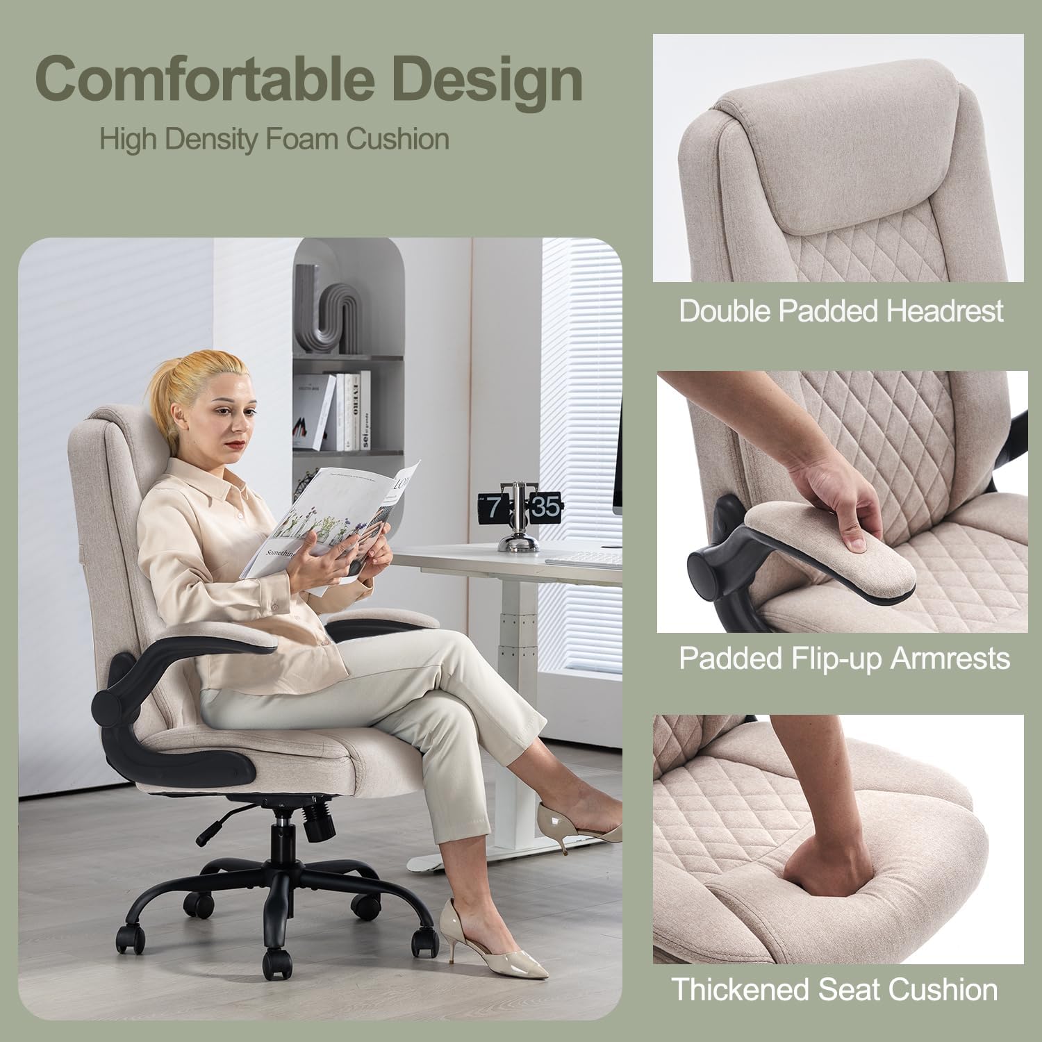 CASTLOVE Bürostuhl, Ergonomischer Schreibtischstuhl, Chefsessel mit gepolsterten Armlehnen, klappbar, Höhenverstellung, Wippfunktion und Kopfstütze, bequem für Zuhause, Büro, Bürostuhl, 150 kg, beige Stoff – Bild 4