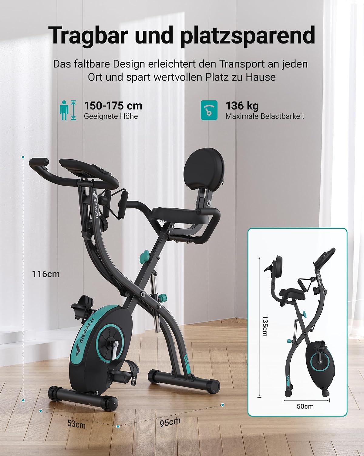 MERACH Klappbarer Heimtrainer mit LCD-Monitor, magnetischer Ergometer-Heimtrainer mit bequemem Sitzkissen, Fitnessräder für zu Hause, platzsparend, 136 kg – Bild 7