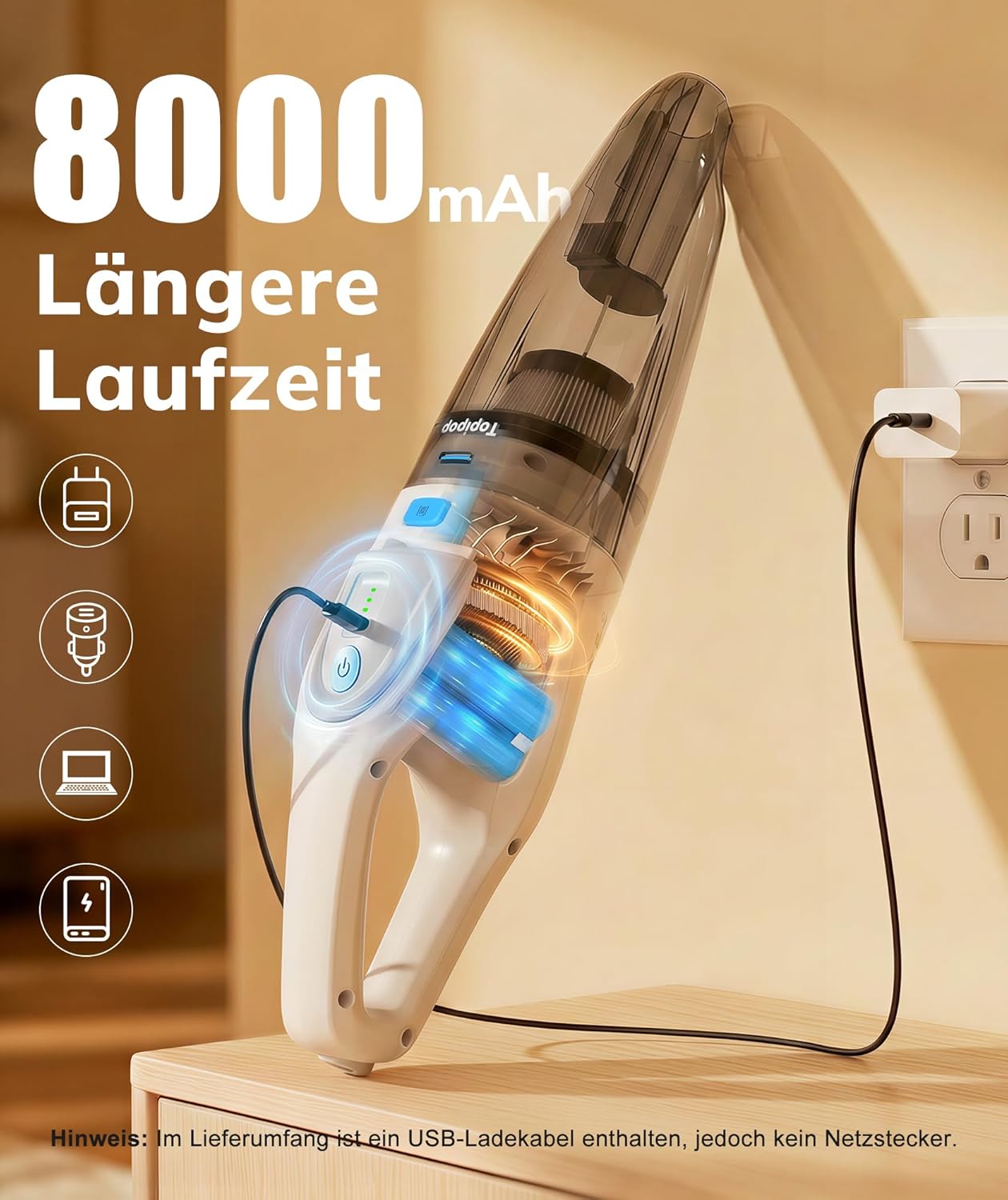Topipop Handstaubsauger Akku mit 25000Pa starker Saugleistung, kabelloser Staubsauger mit HEPA-Filter & Aufsätzen – leichter Autostaubsauger für Tierhaare, Teppich, Zuhause, Büro, Küche (weiß) – Bild 6
