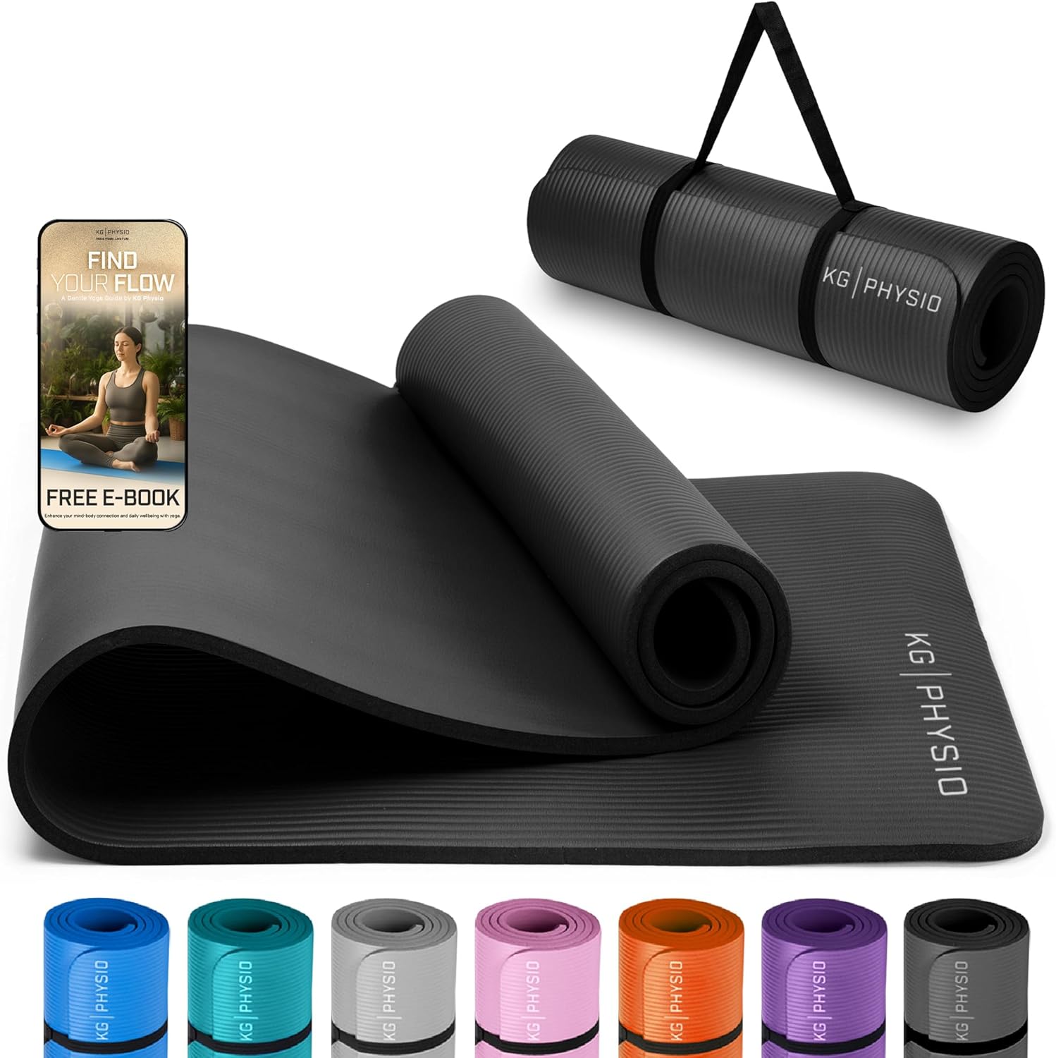 KG Physio rutschfeste Yogamatte mit Schultergurt – Gymnastikmatte für Yoga, Heimtraining, HiiT und Pilates – Fitnessmatte, Sportmatte, Yogamatte rutschfest, 183 cm x 60 cm x 8 mm