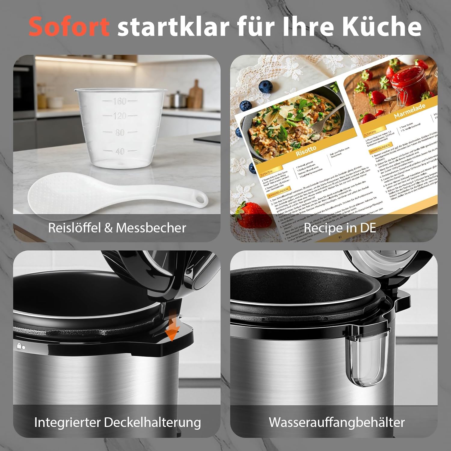 Aigostar Schnellkochtopf, 6 Liter, 18-in-1-Multikocher, antihaftbeschichtet, einfache Reinigung, 1000 W, Schnellkochtopf, Reiskocher, Schongarer, Dampfgarer, Joghurtbereiter, Speisenwärmer mit farbigem Rezeptbuch – Bild 11
