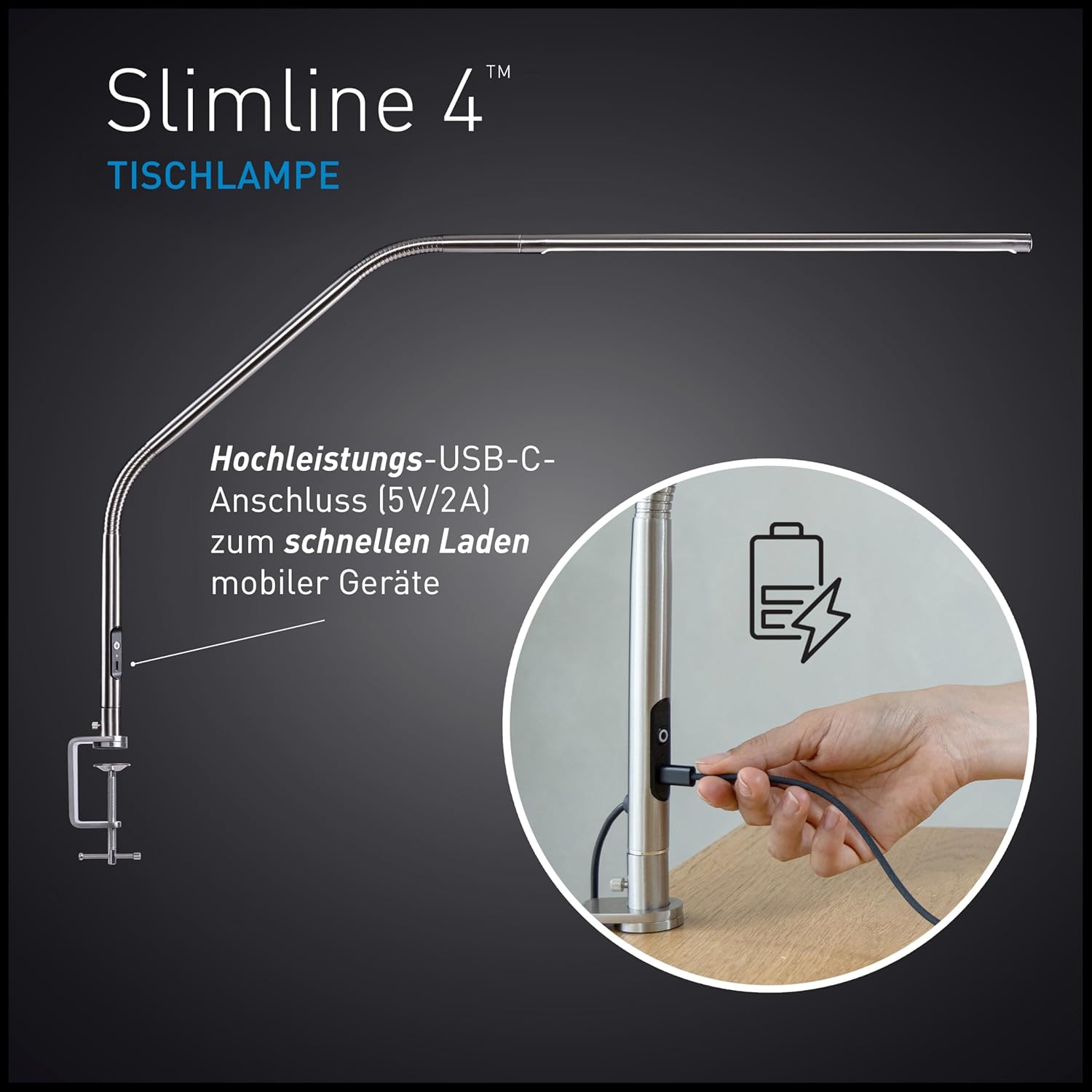Daylight Slimline 4 LED-Tischlampe – 6000 K, 3200 Lux, 4 Helligkeitsstufen, USB-C-Ladeanschluss, blendfreier Diffusor, verstellbare Schreibtischlampe für Kunst, Handwerk, gebürsteter Stahl – Bild 3